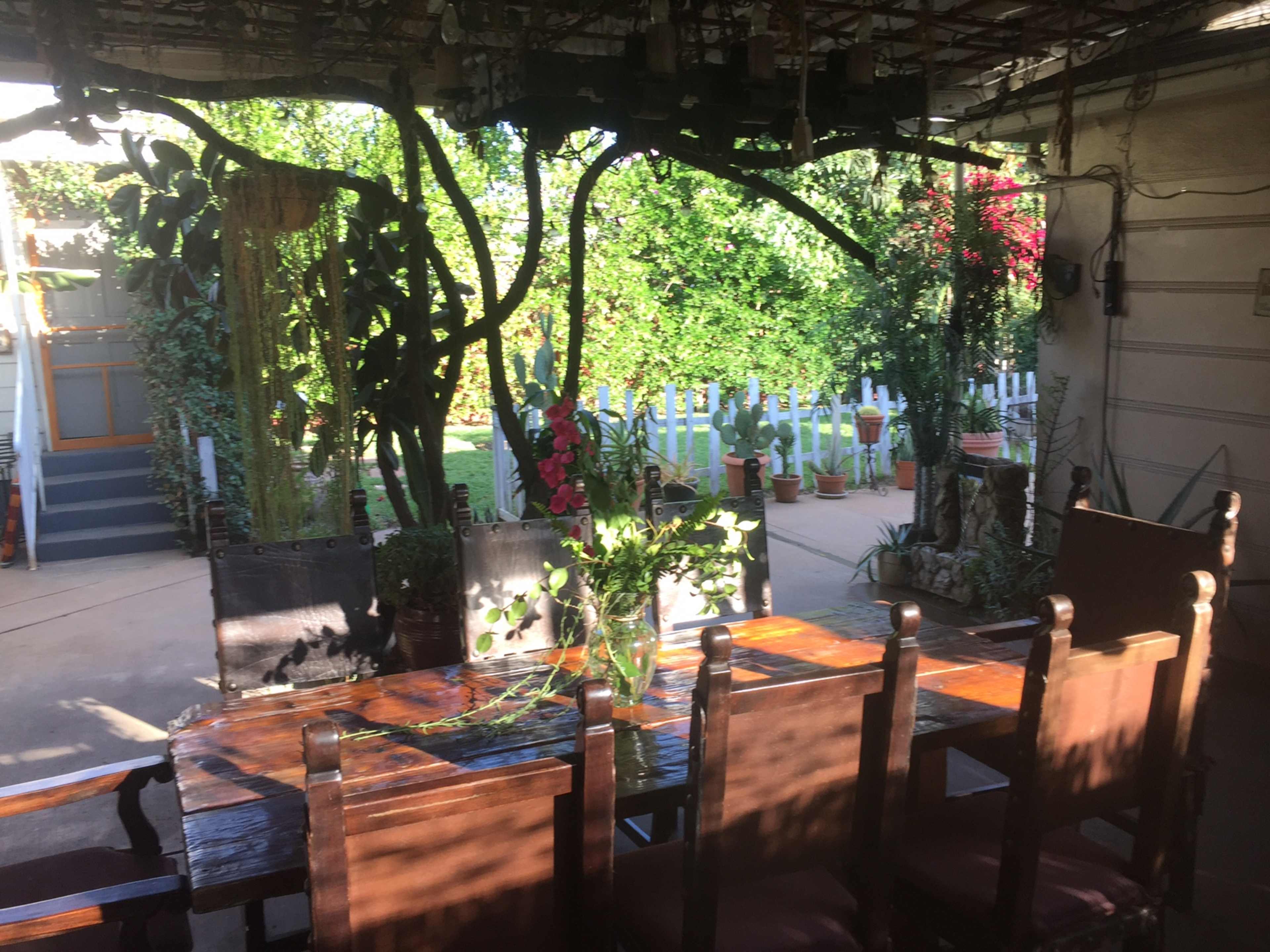 A wooden dining table is set under a vine-covered structure in a yard filled with potted plants and a white picket fence.