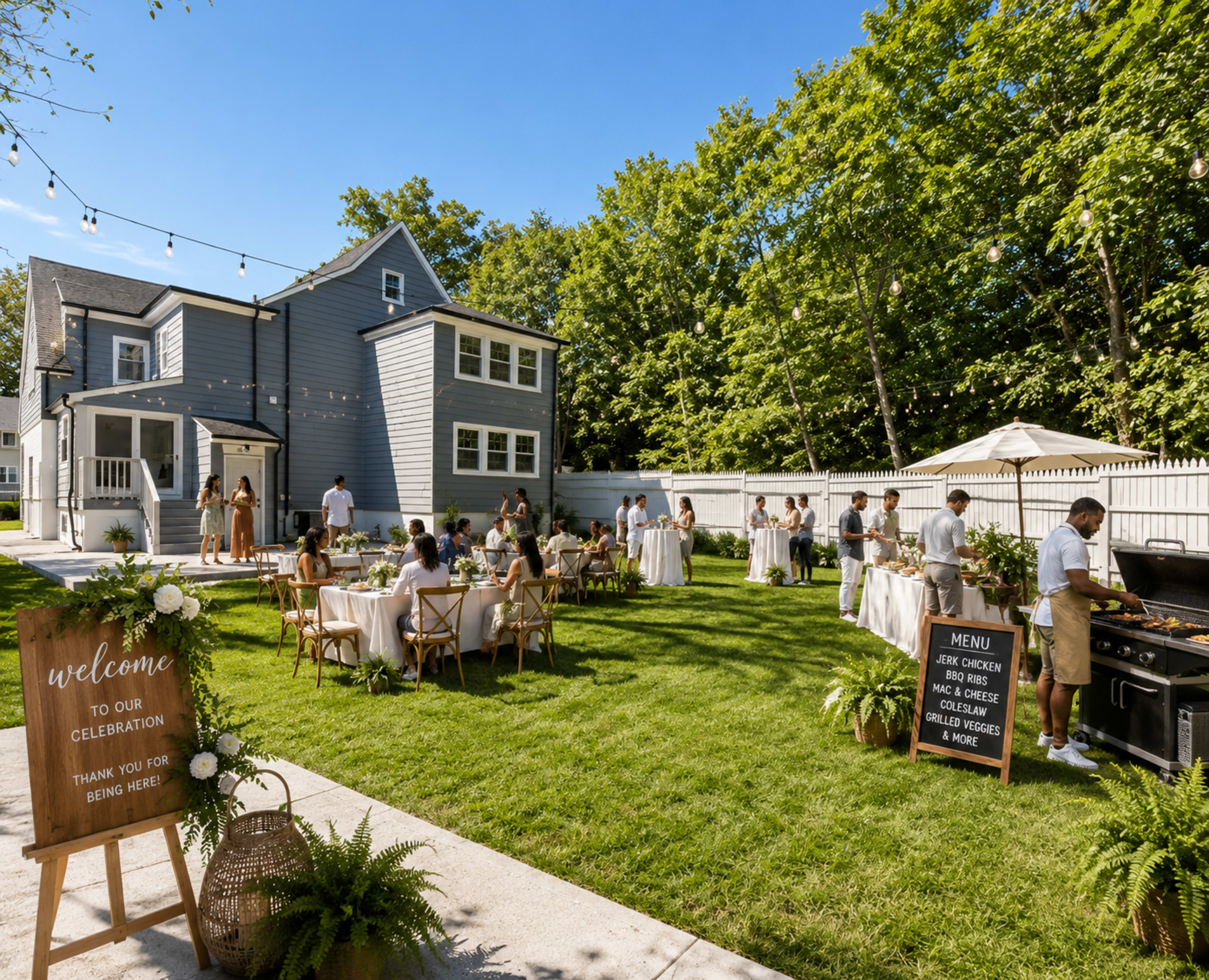 A backyard gathering features guests seated at tables under trees while a grill is in use and a welcome sign is displayed.