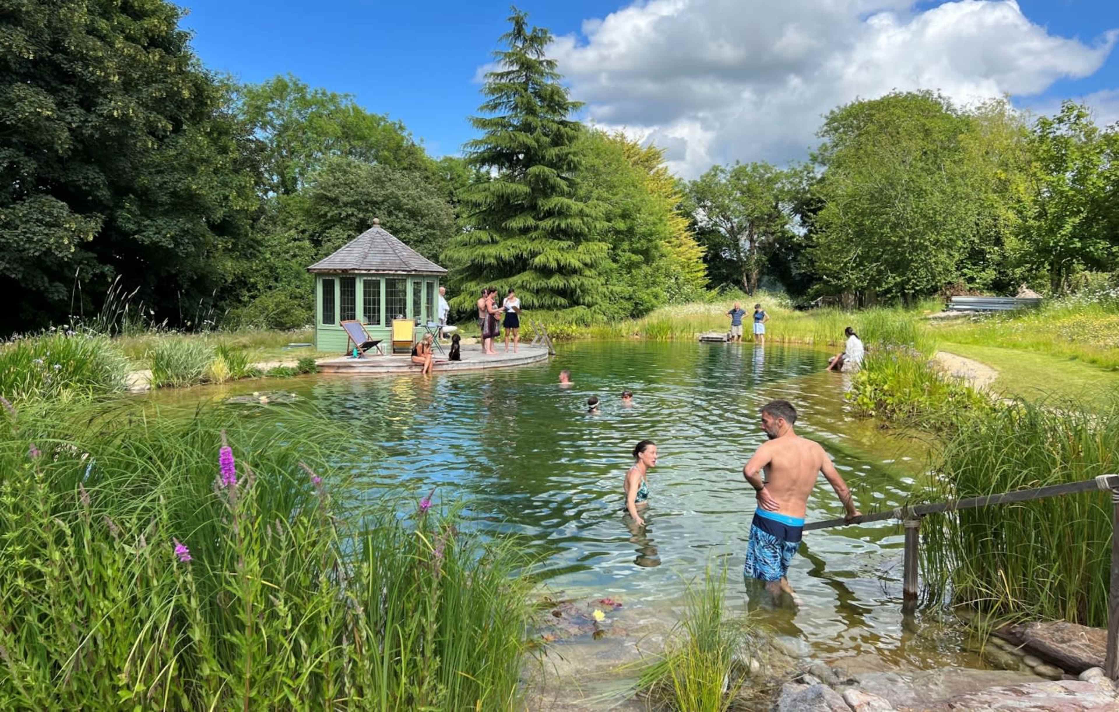 People swim and play in a natural pond surrounded by lush greenery and a small gazebo.