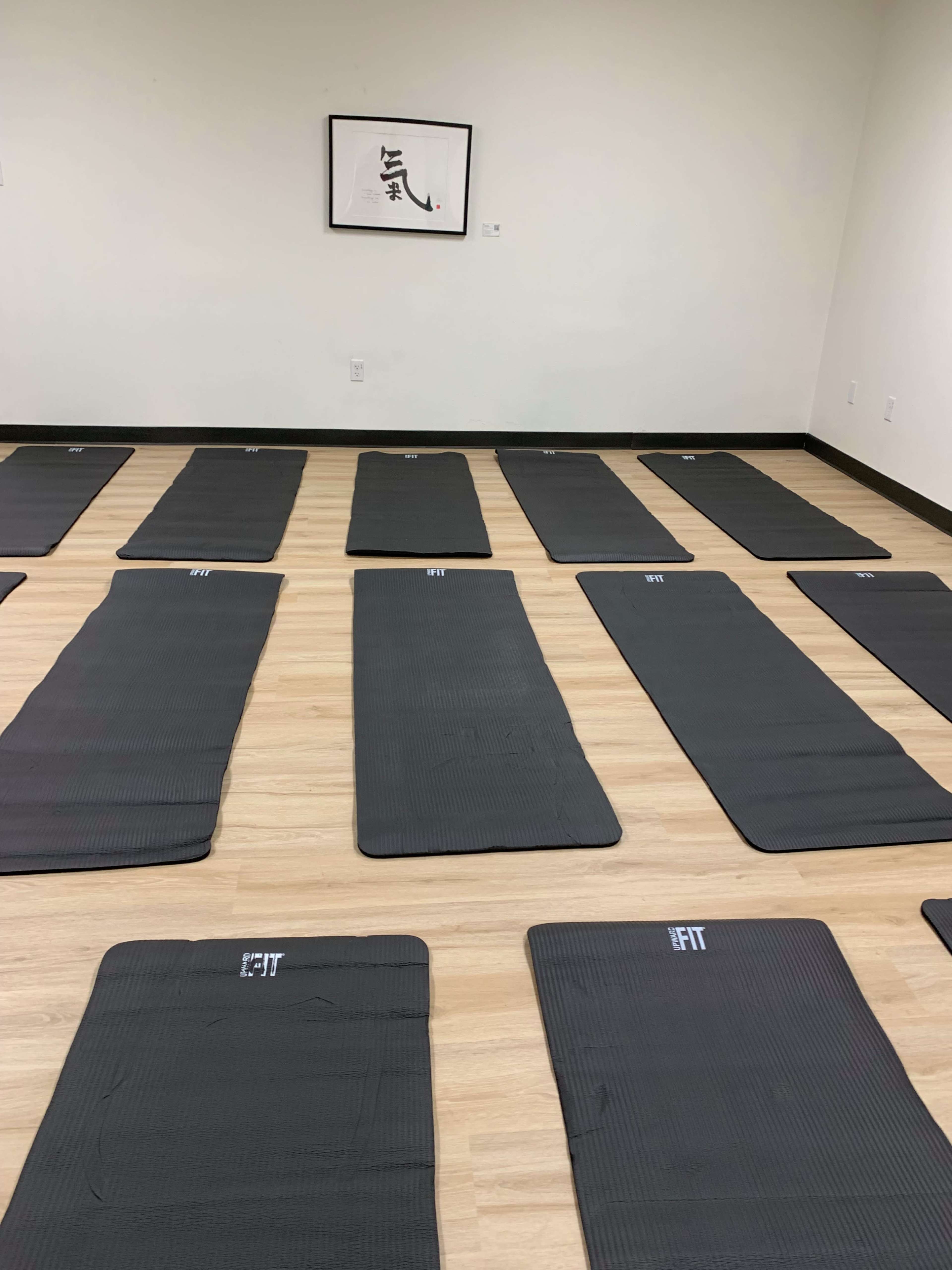 The image shows a room with multiple black exercise mats arranged in rows on a wooden floor, with a framed artwork hanging on the wall.
