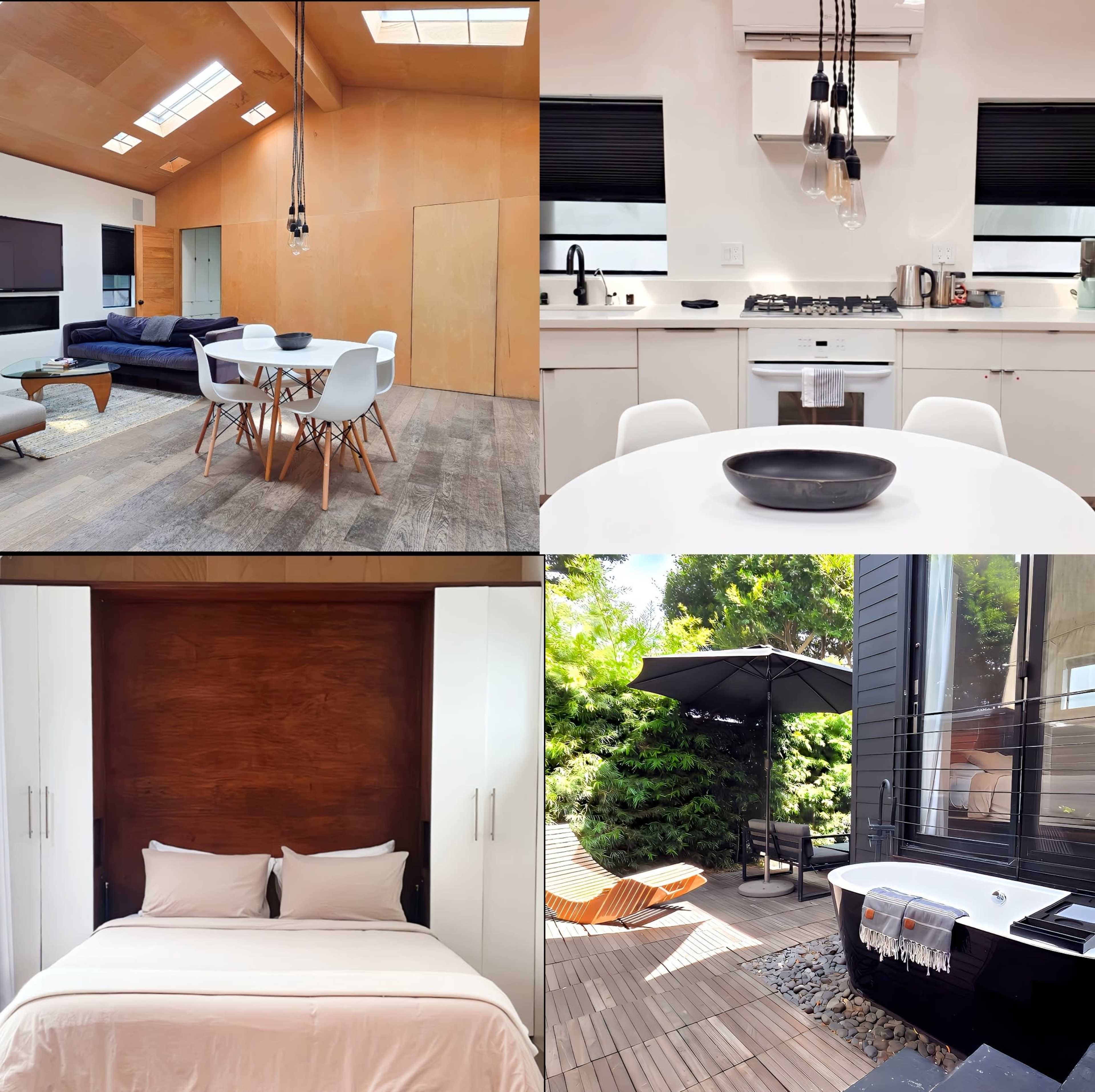 The image features four sections of a modern home, showcasing a spacious living area, a sleek kitchen, a cozy bedroom with a fold-down bed, and a landscaped outdoor patio with seating and a bathtub.