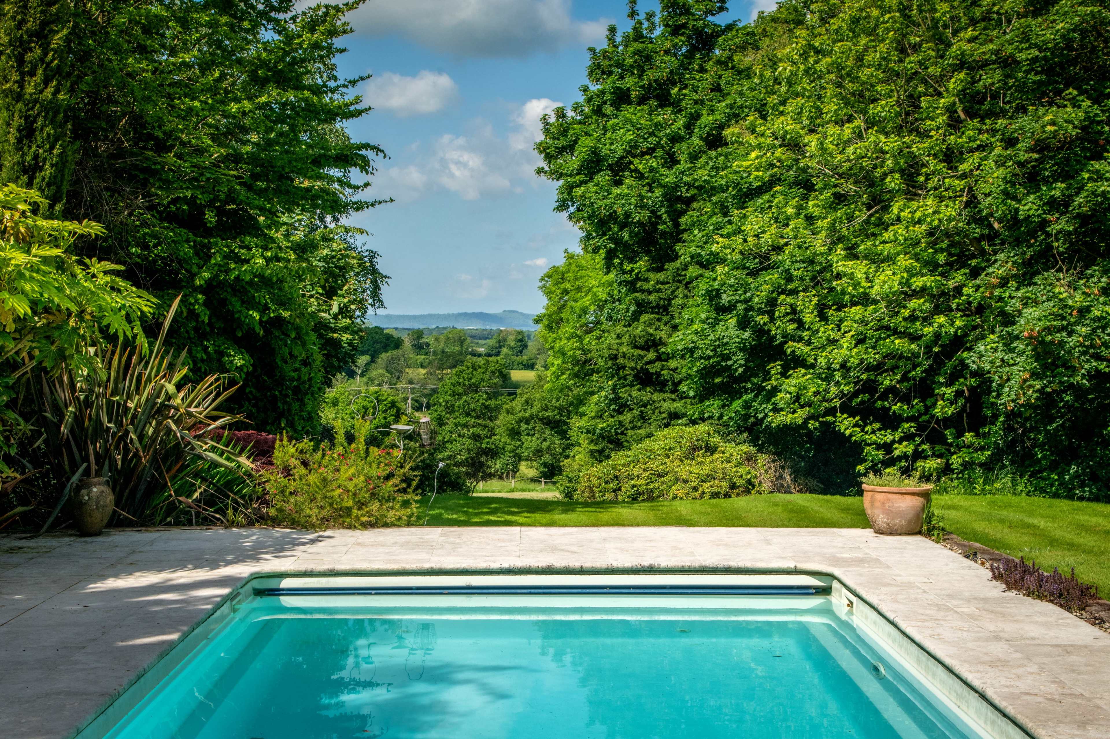 A clean swimming pool is framed by lush greenery and a view of rolling hills in the background.