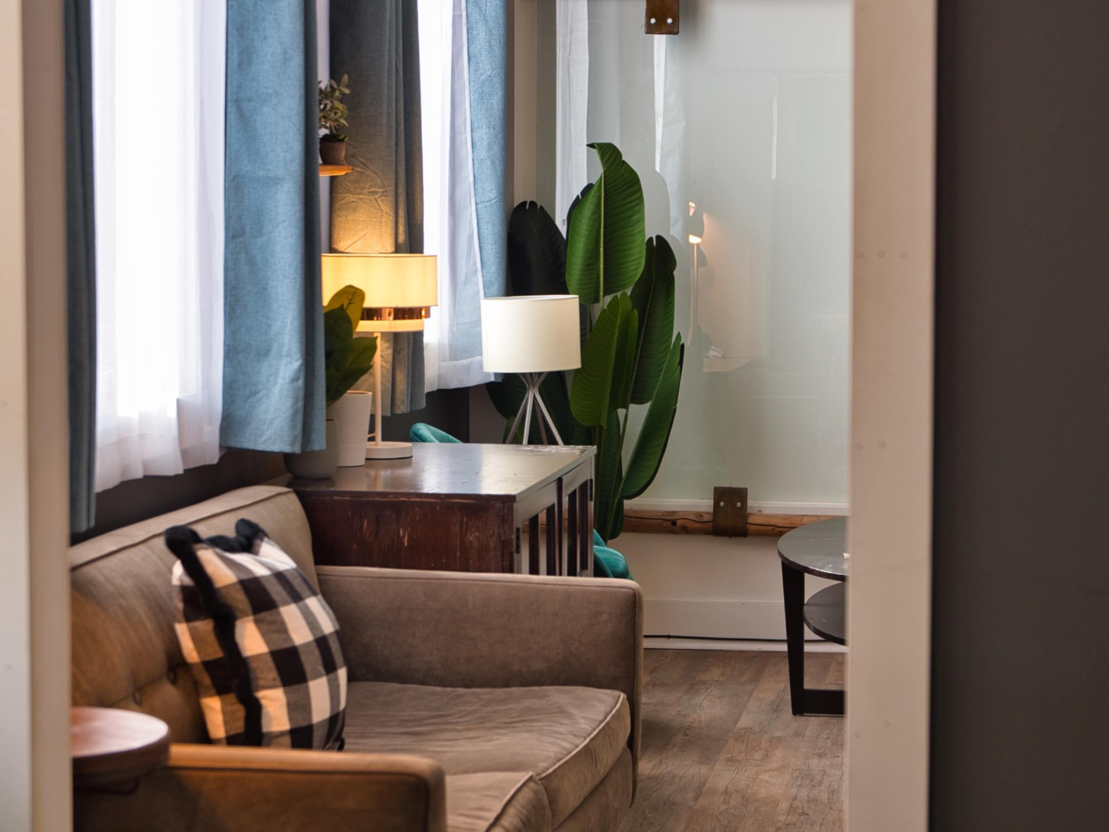 A cozy living room features a sofa with a plaid cushion, a floor lamp, and large potted plants near a glass partition.