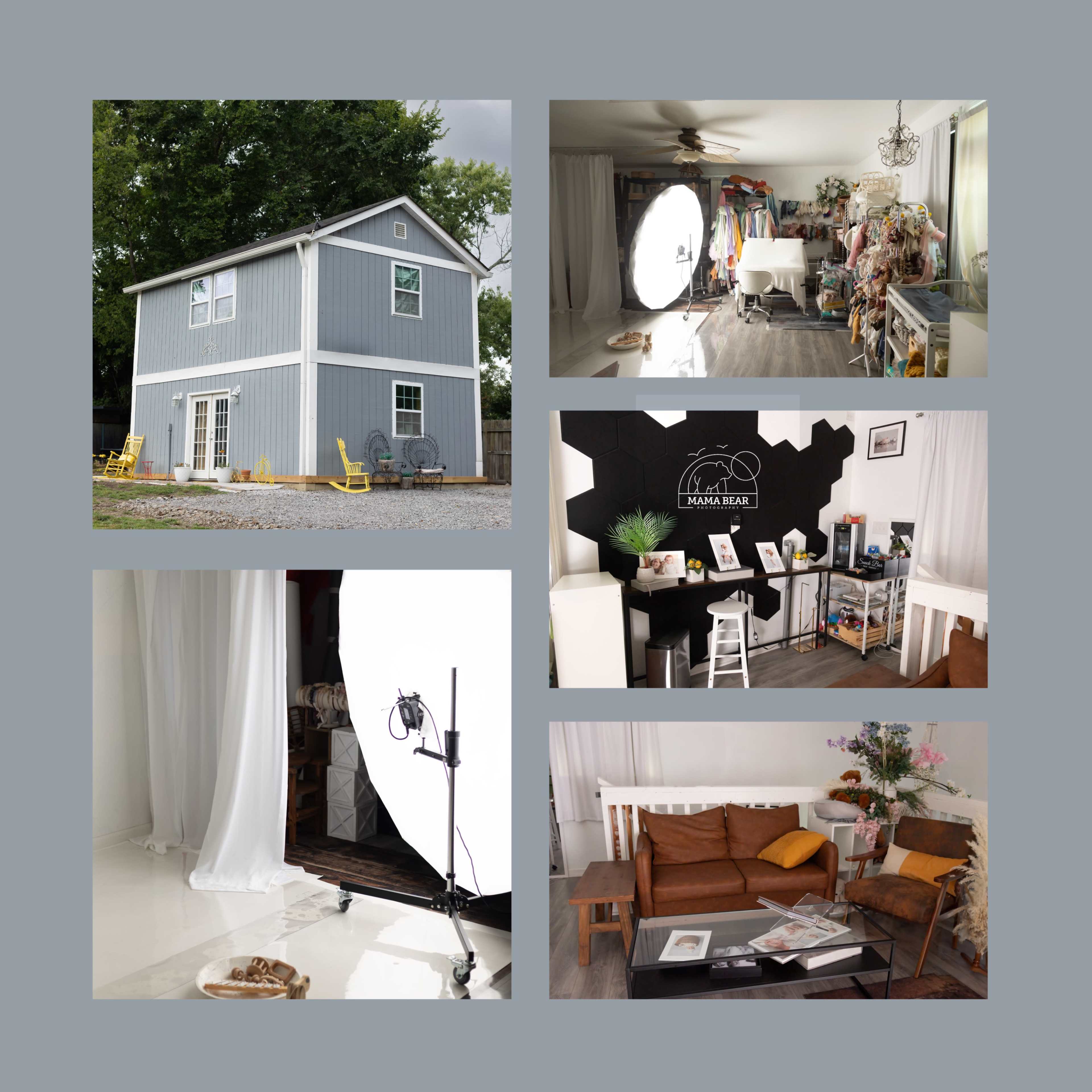 The image collage features a blue two-story house, a styled interior space with clothing racks, a photography setup with a large light source, a black accent wall with decor items, and a cozy living room with a sofa and coffee table.
