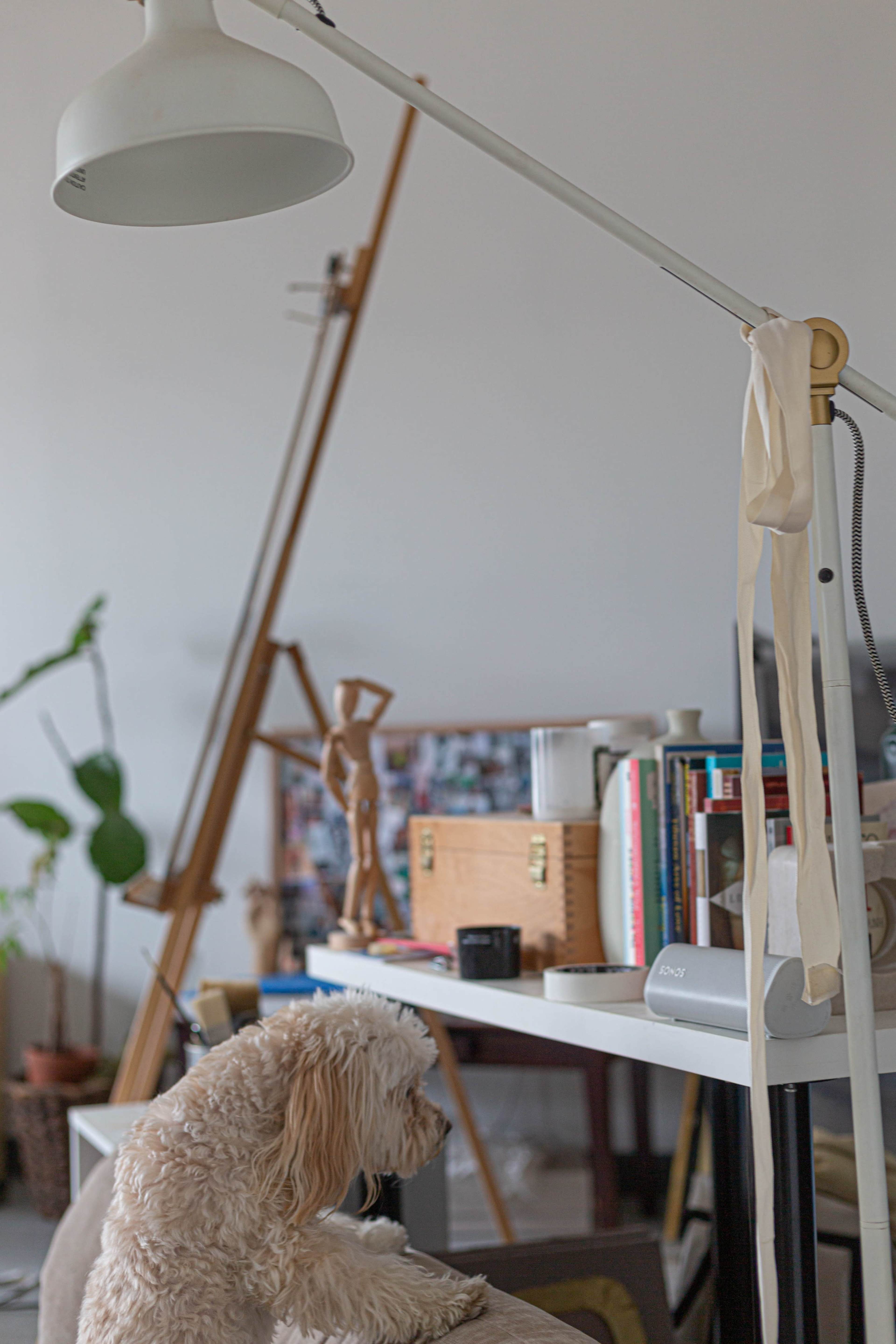 A small dog sits on a chair in front of a table cluttered with books and a lamp, while an artist's easel stands in the background.