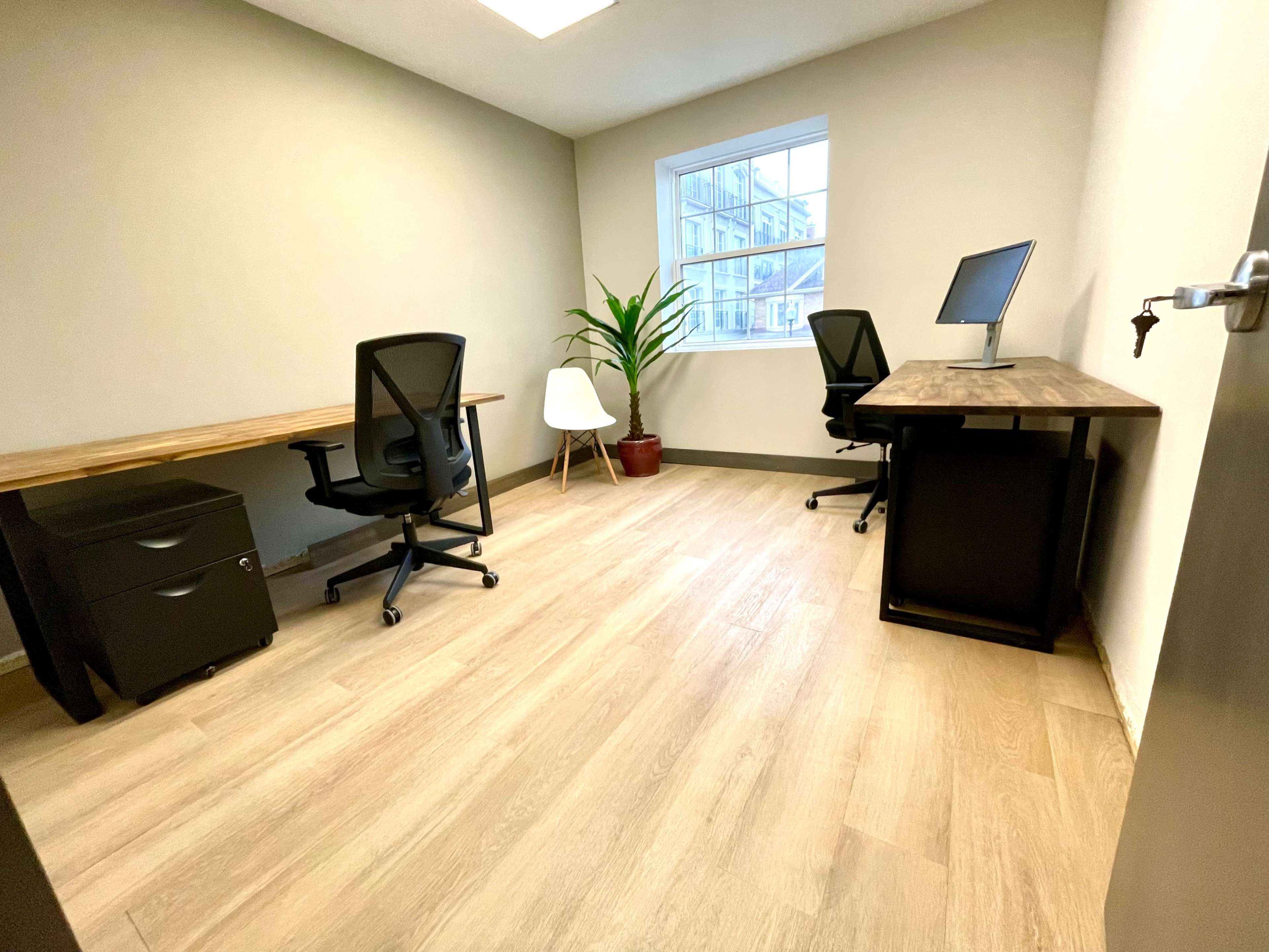 A minimalistic office space with two desks, black ergonomic chairs, a plant, and a window providing natural light.