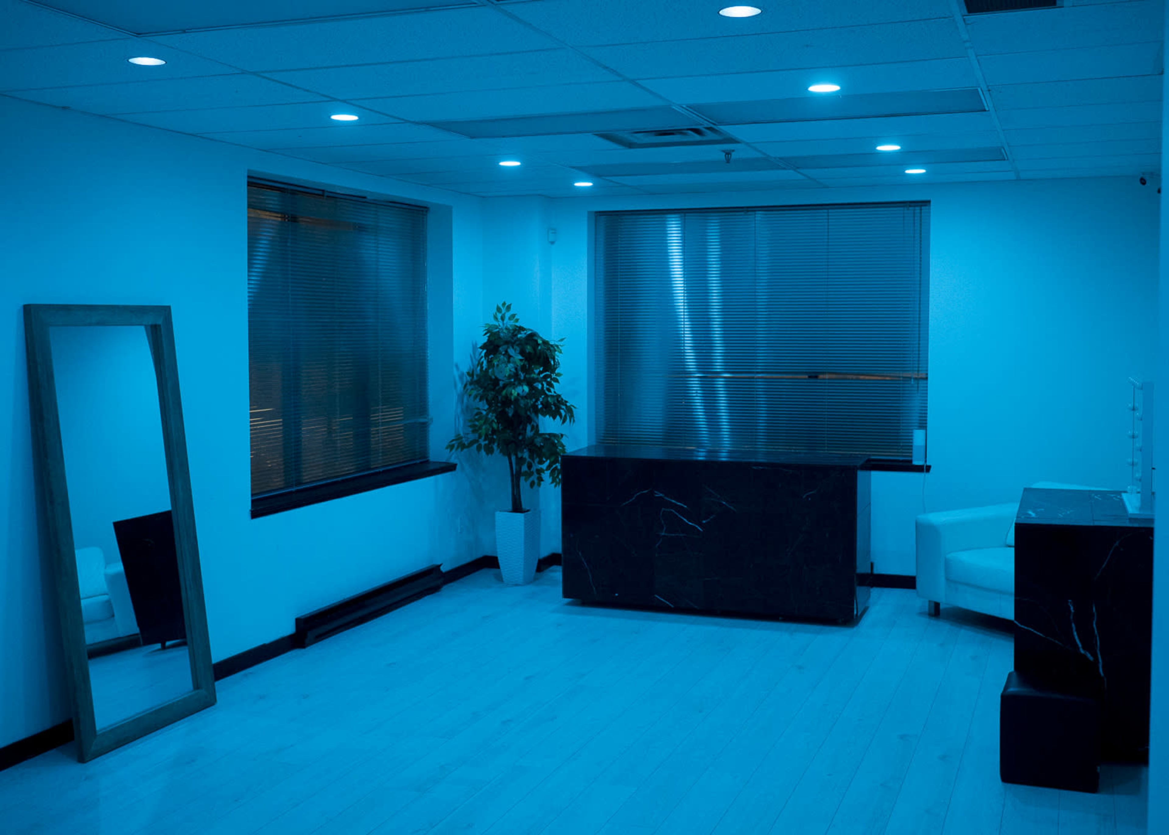 A sparsely furnished room with blue lighting, featuring a mirror, a plant, a black stone counter, and a white couch.