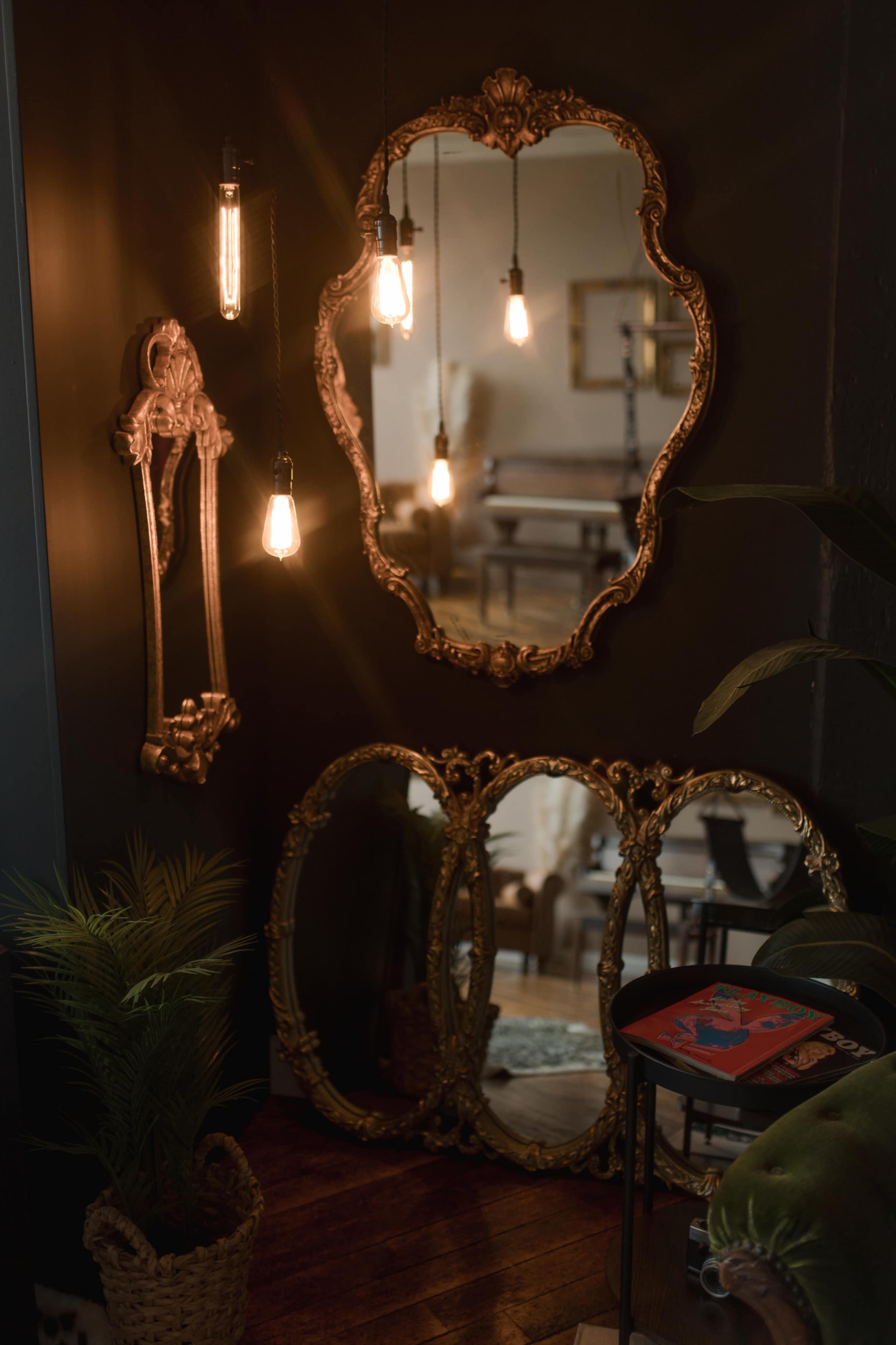 The image shows a dark interior with ornate mirrors and pendant lights, complemented by a potted plant in a basket.