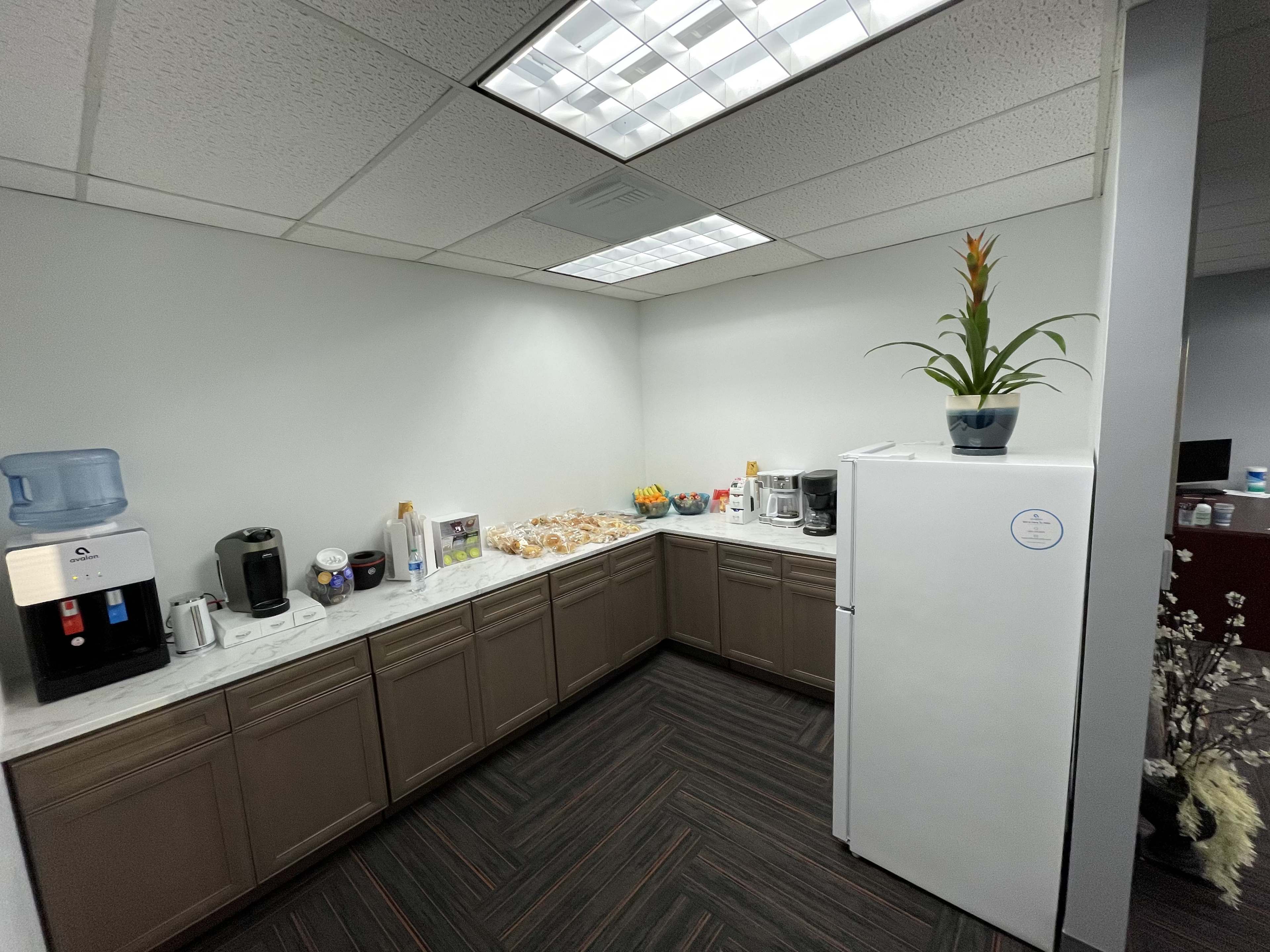 The image shows a small office kitchenette equipped with a refrigerator, coffee machines, snacks, and a decorative plant on the counter.