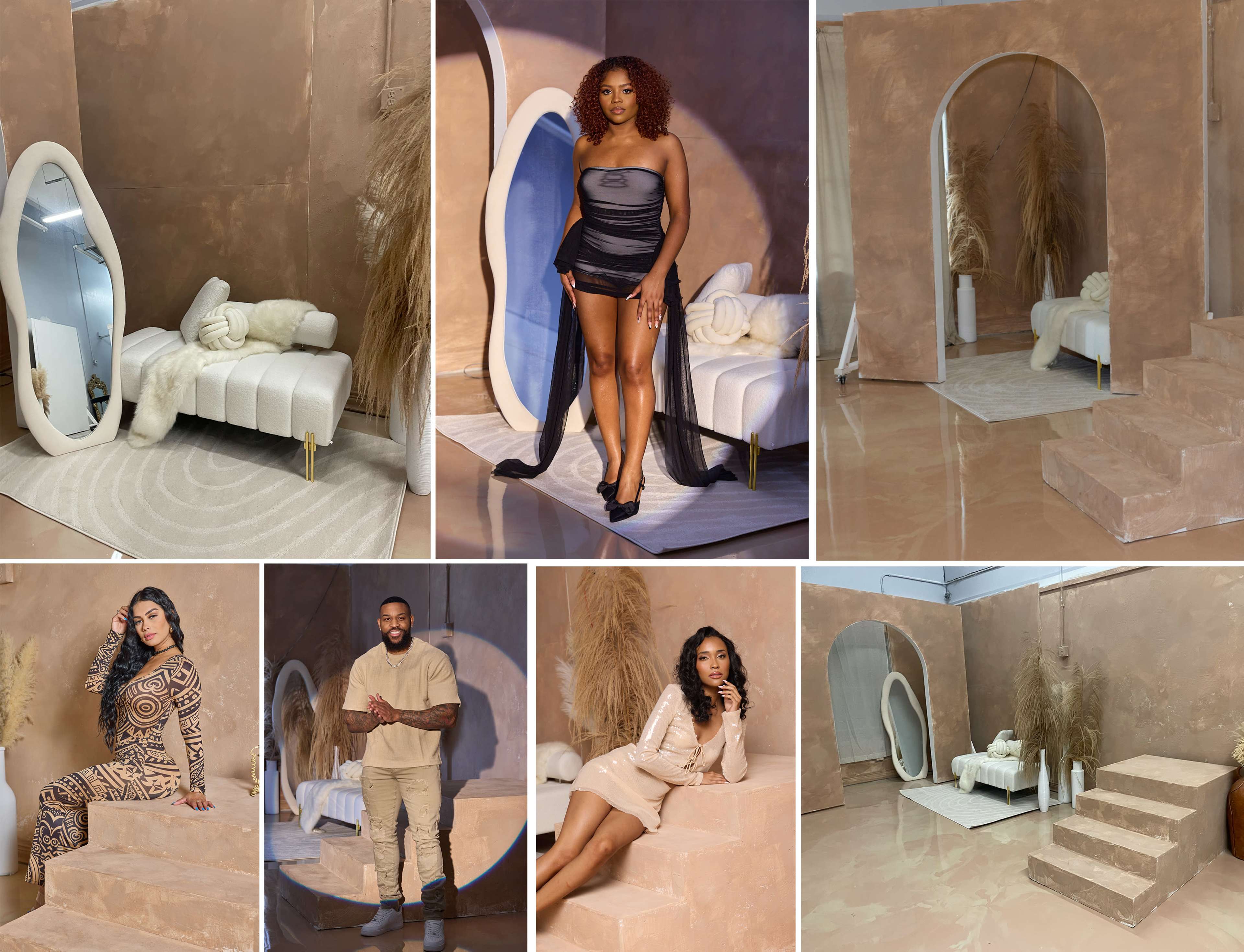 The image features a stylish indoor setting with a neutral color palette, showcasing various individuals posed in an elegantly designed space that includes a mirror, decorative items, and textured walls.