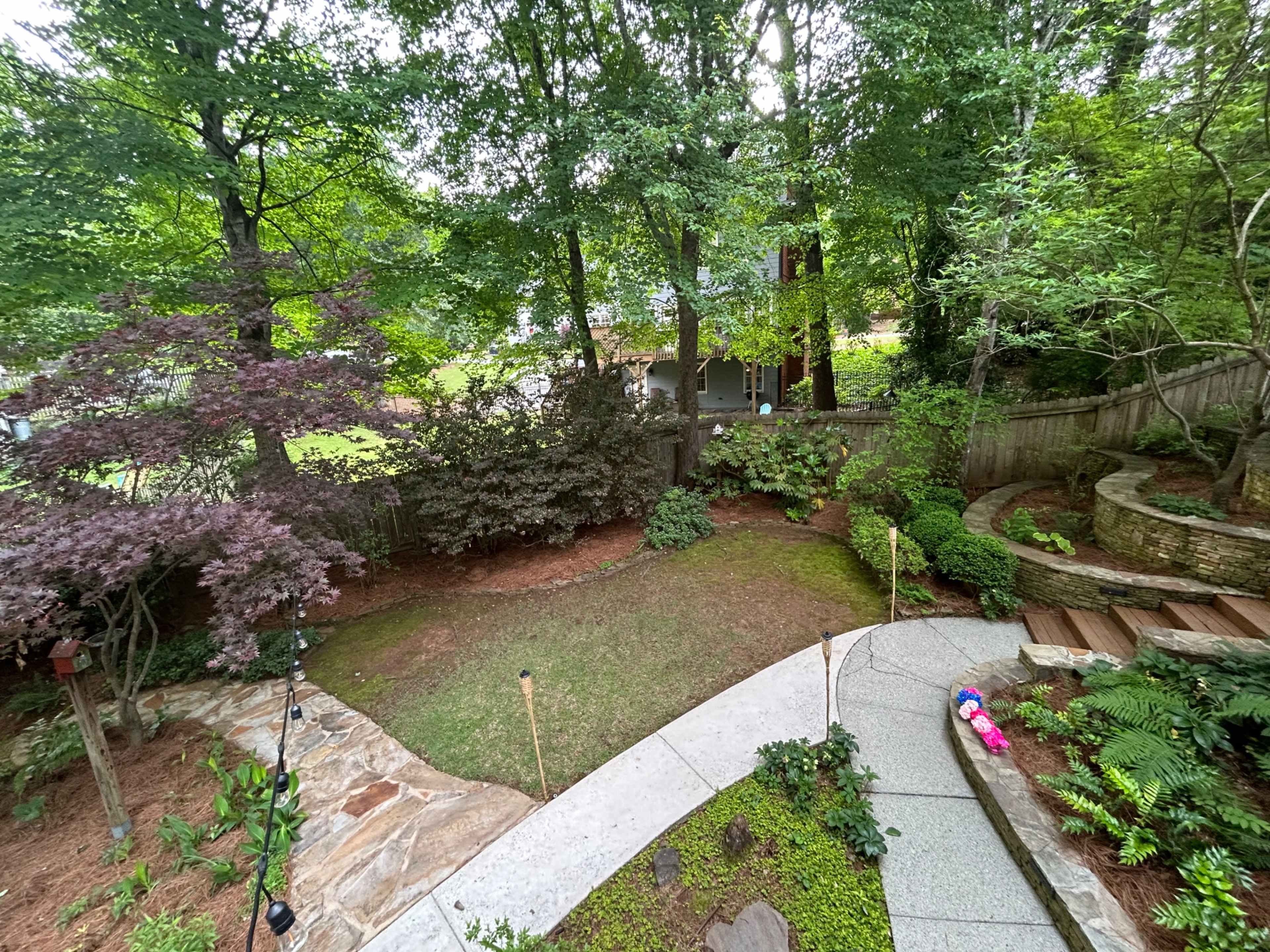 The image shows a landscaped backyard with a stone path, various trees, and a mix of grassy and mulched areas.