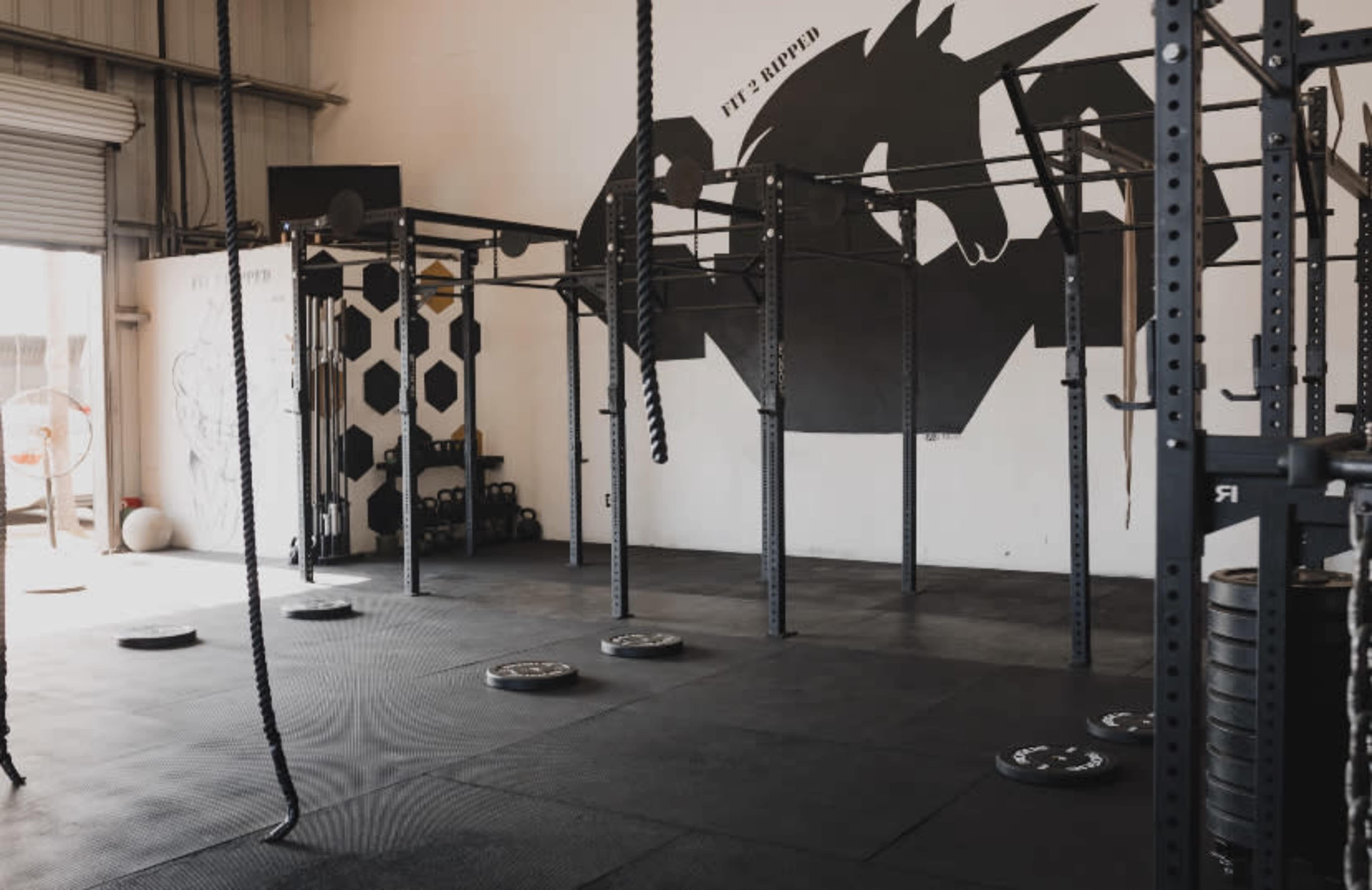 A gym interior featuring a training area with black exercise equipment, hanging ropes, and a large wall mural of a stylized black dragon.