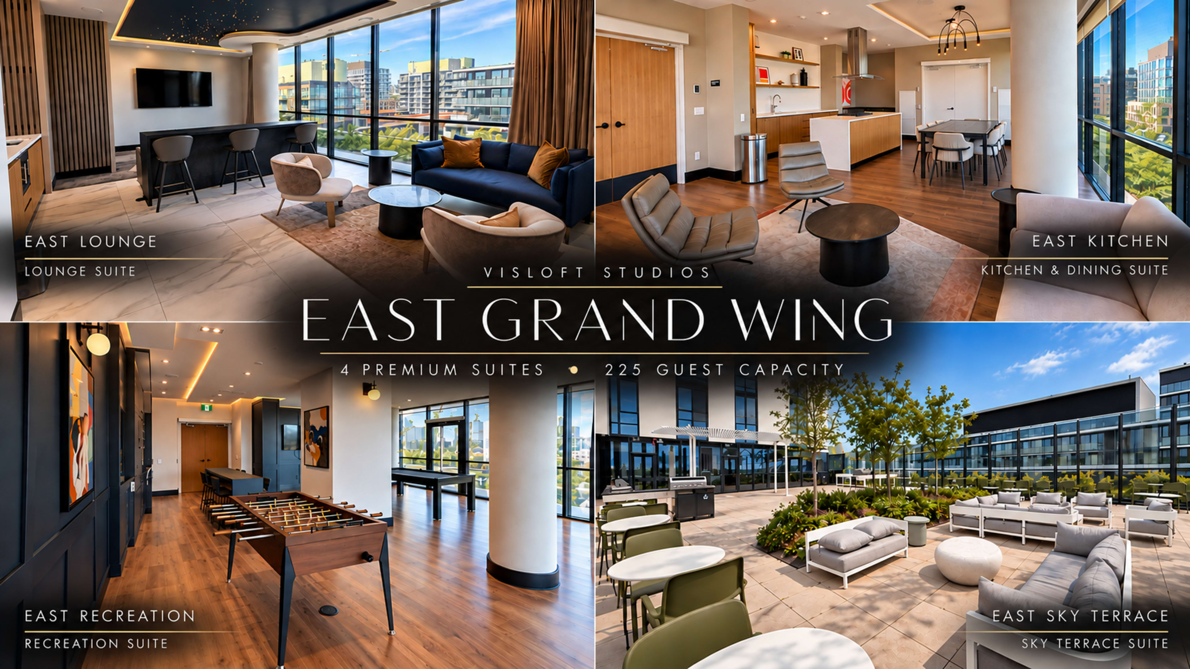 The image showcases the East Grand Wing of Visloft Studios, featuring an East Lounge, East Kitchen, East Recreation area with a foosball table, and an East Sky Terrace, all designed to accommodate 225 guests across four premium suites.