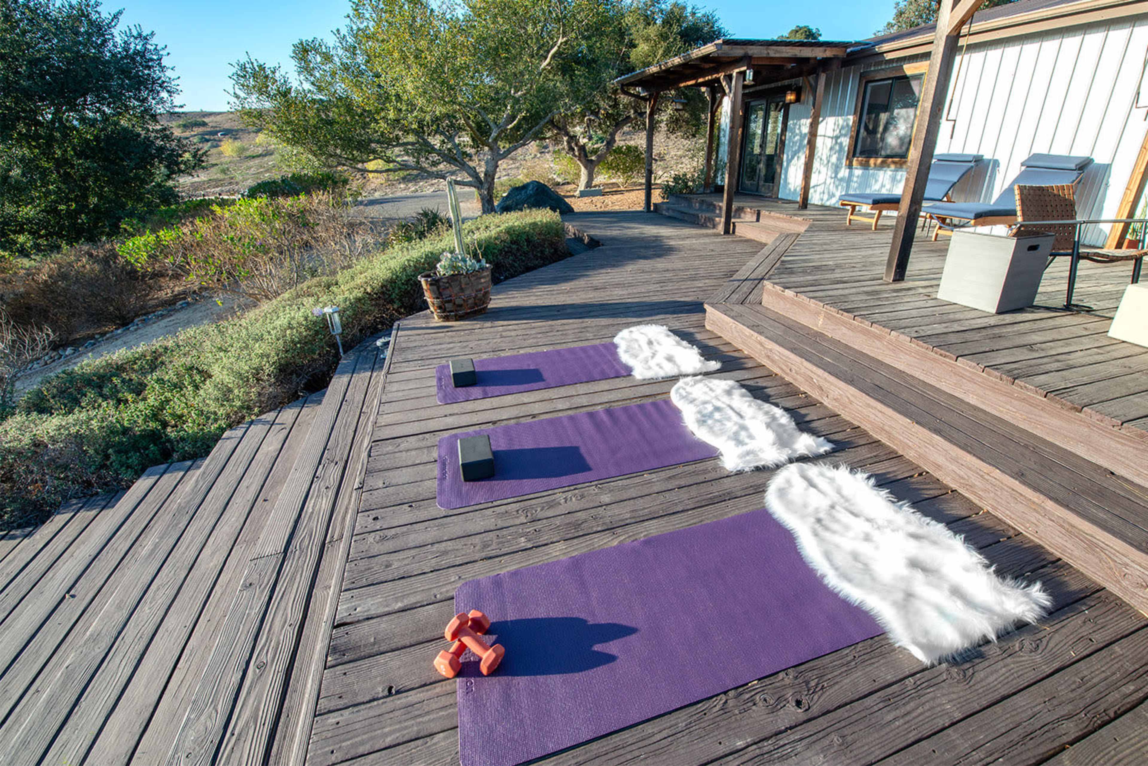 Two purple yoga mats are placed on a wooden deck outside a house, surrounded by greenery and a serene landscape, with small dumbbells resting on the floor next to the mats.