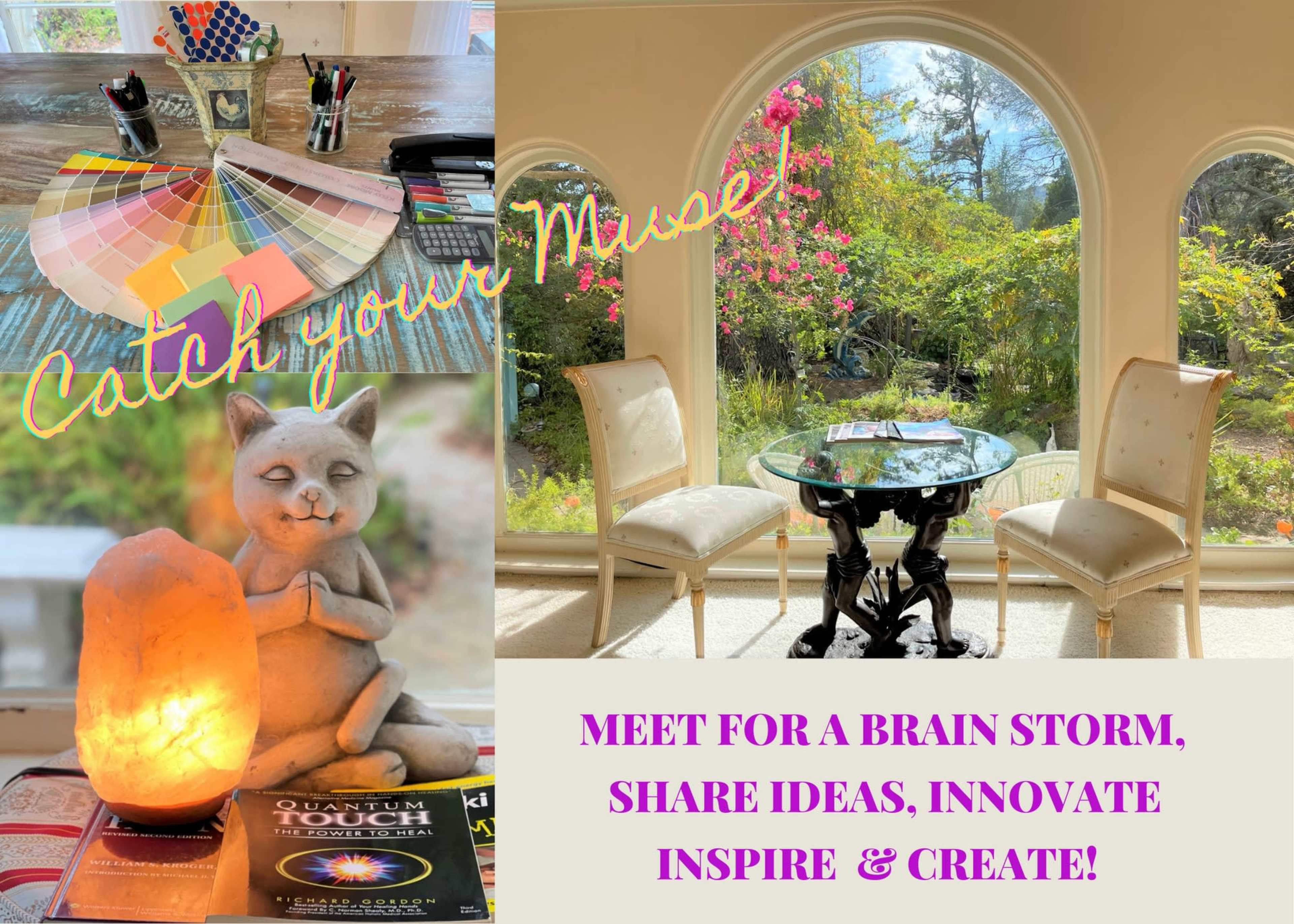 A bright, inviting workspace with a color palette, a decorative stone cat, and a round table surrounded by two elegant chairs, emphasizing creativity and collaboration.