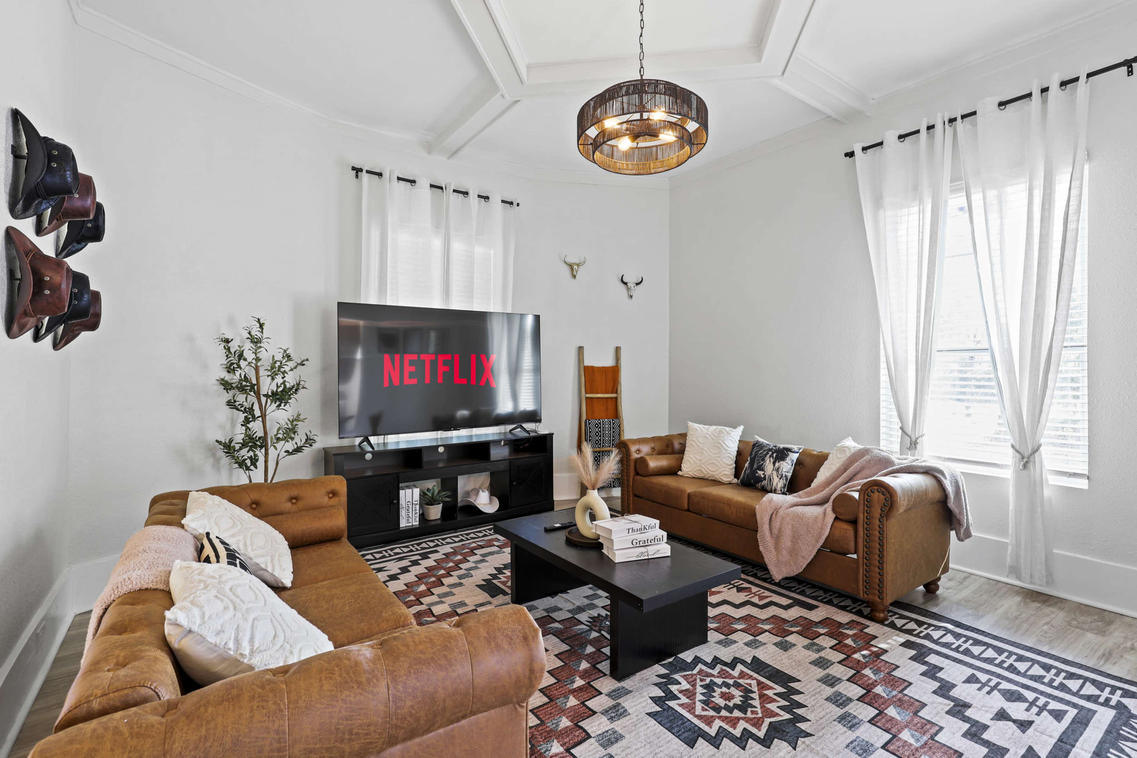 The living room features a large television displaying the Netflix logo, flanked by two brown leather sofas, a patterned rug, and large windows with sheer curtains.