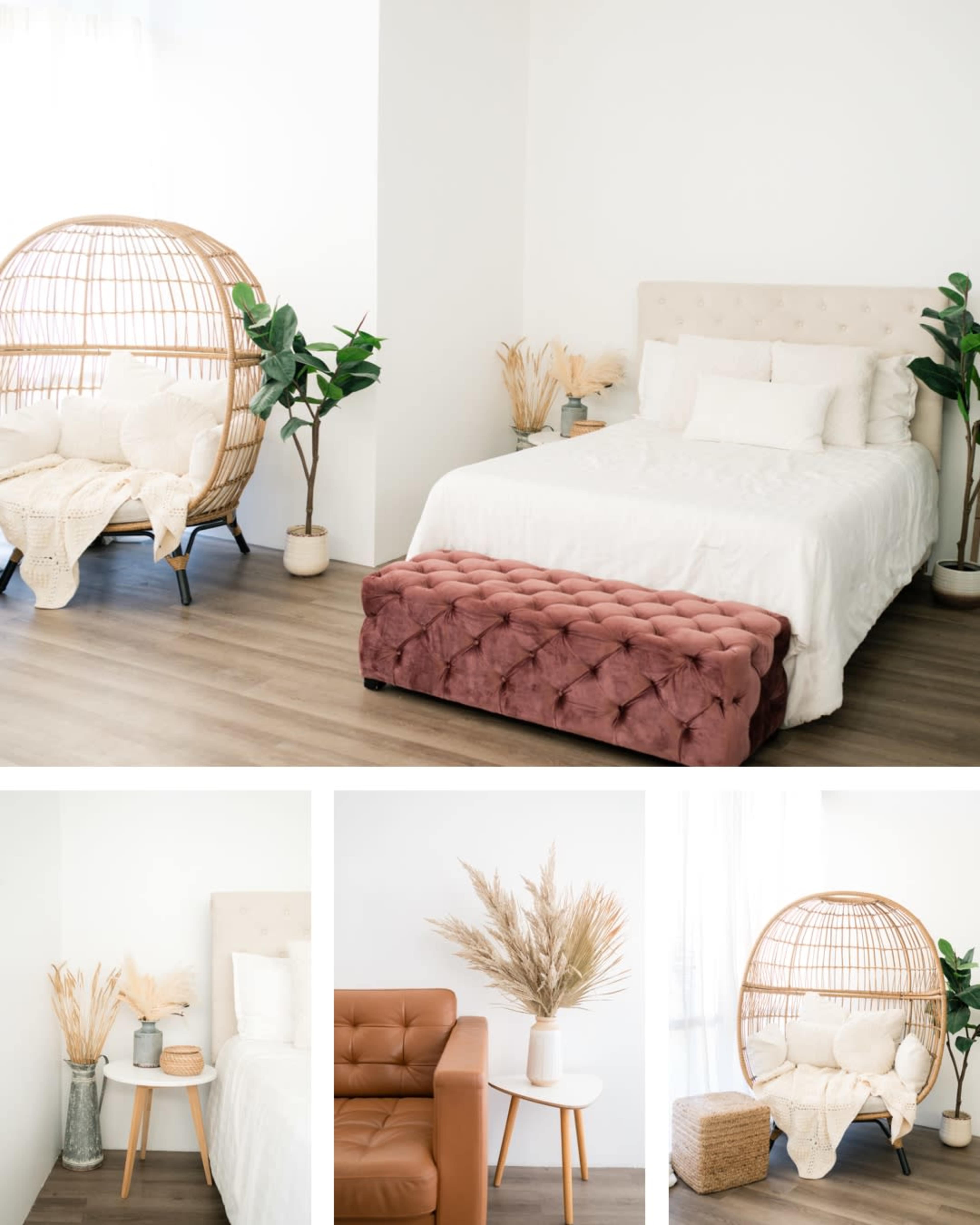 The image features a modern bedroom with a white bed, a pink tufted ottoman, a rattan chair, and decorative plants in natural light.