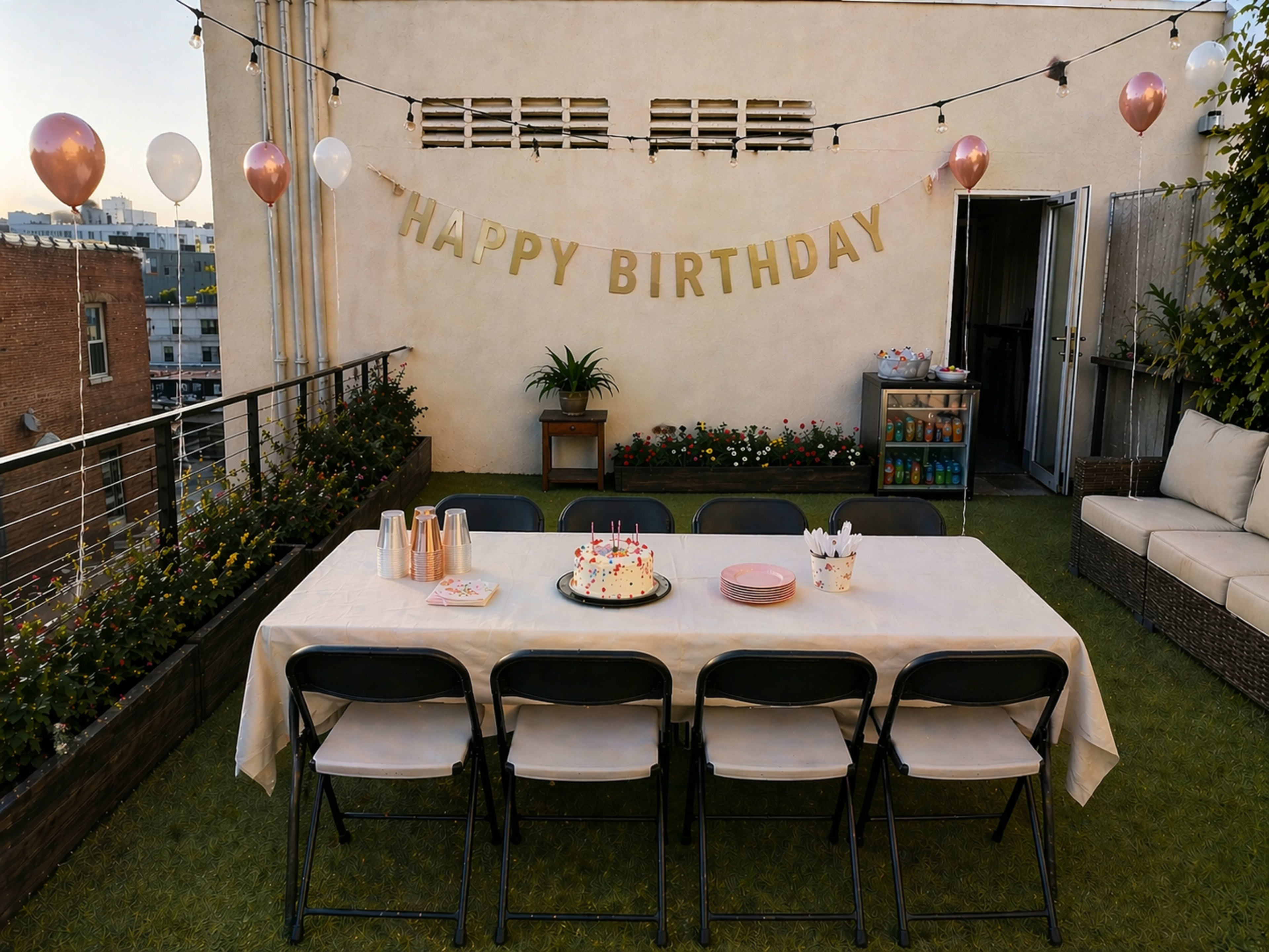 The image shows a rooftop birthday celebration setup with a long table adorned with a cake, party supplies, and decorative balloons, alongside a backdrop that reads "HAPPY BIRTHDAY."