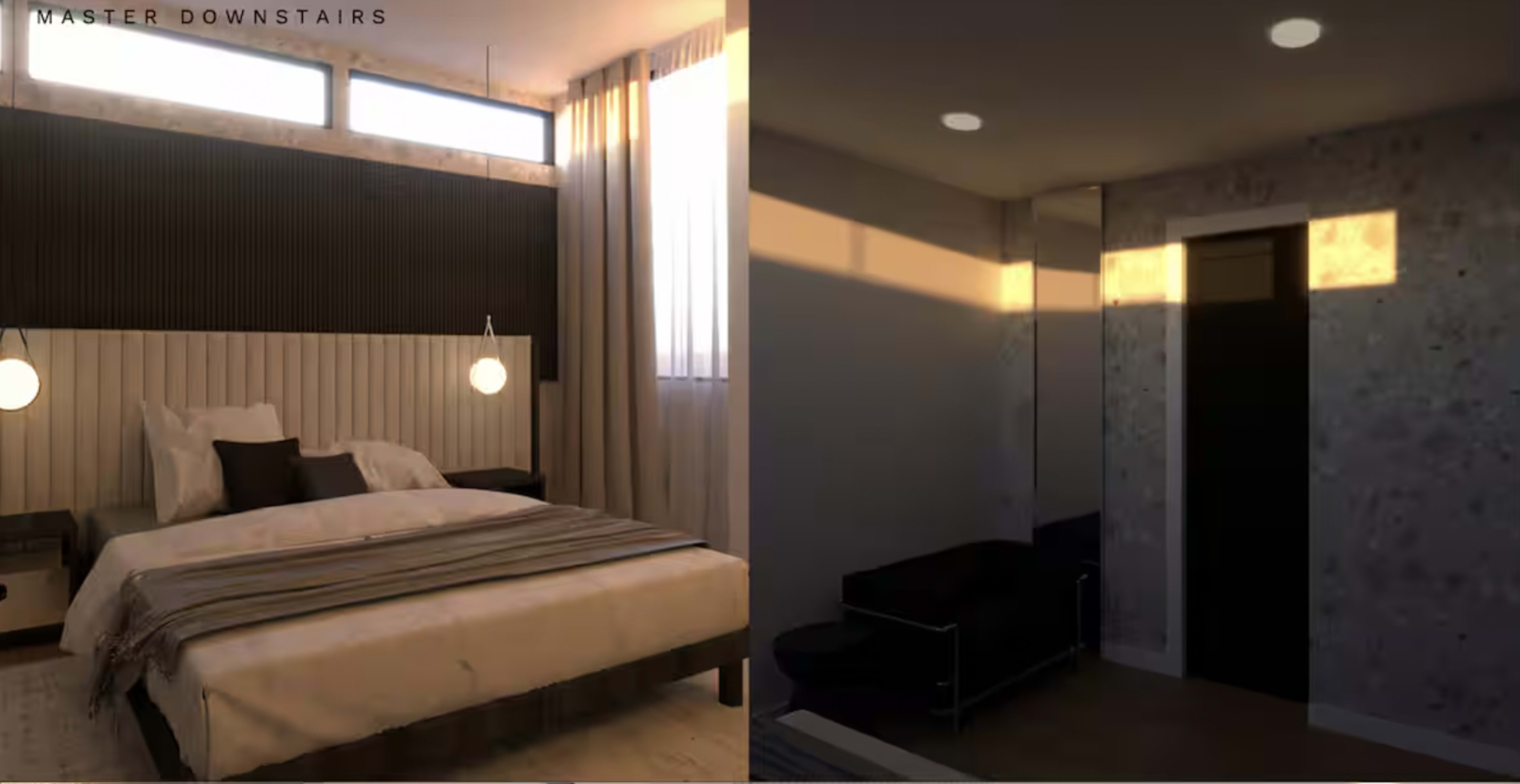 The image shows an interior scene featuring a bedroom with a large bed and a dark-colored wall on one side, and a dimly lit bathroom area with a doorway on the other side.