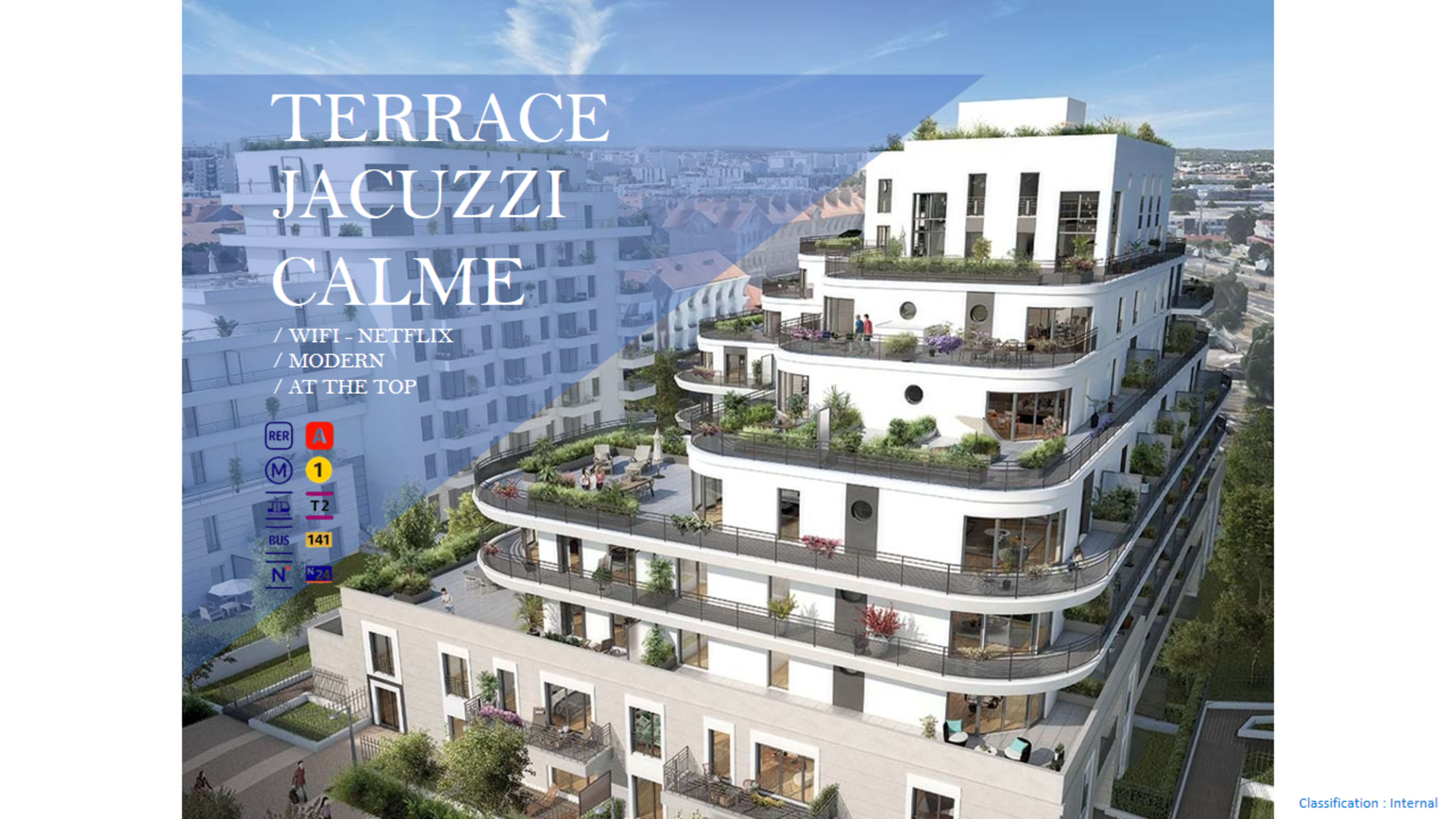 A modern multi-story building featuring terraces and a rooftop jacuzzi, with information about amenities such as Wi-Fi and Netflix prominently displayed.