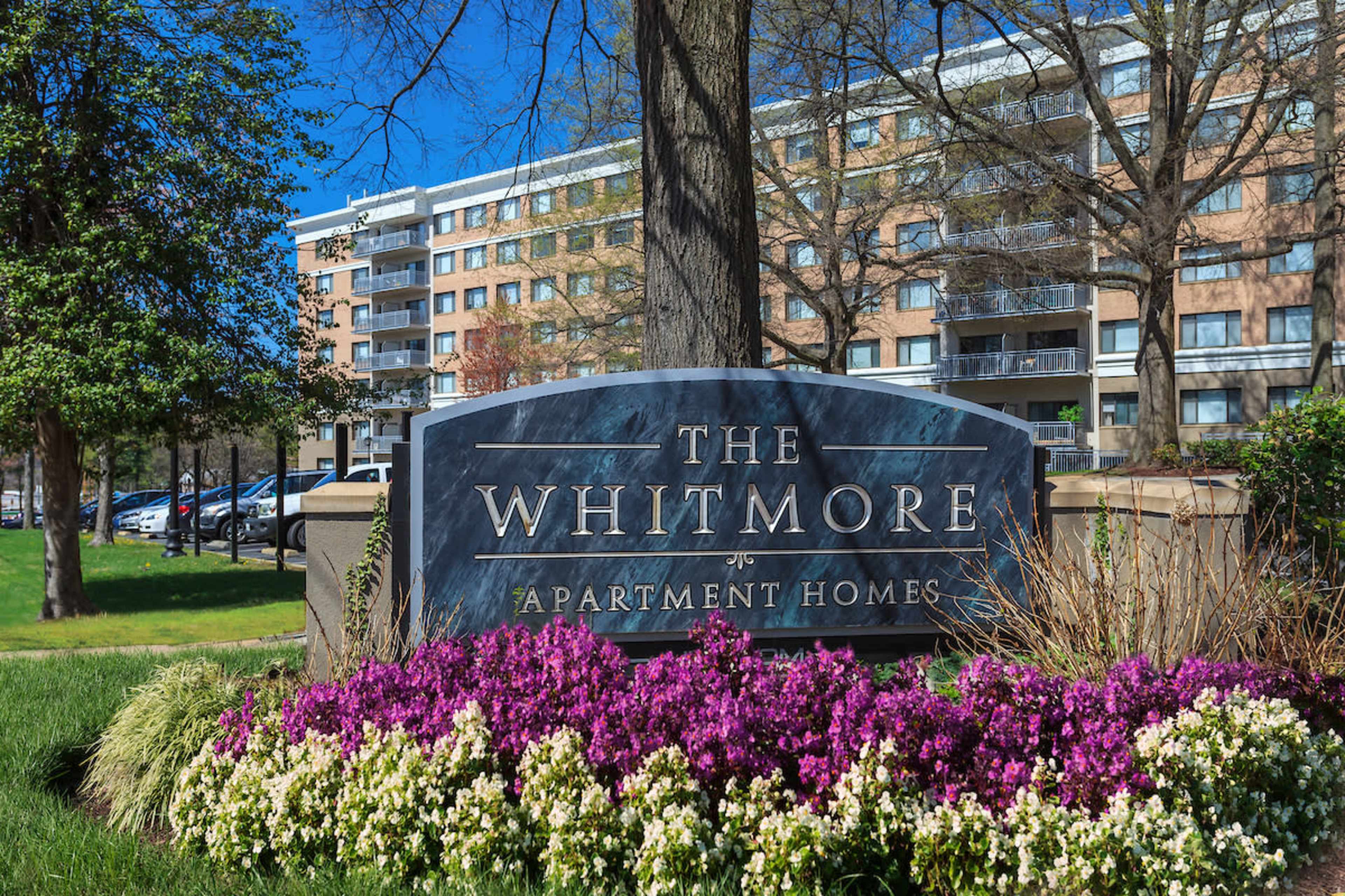 A sign for "The Whitmore Apartment Homes" is surrounded by colorful flowerbeds in front of a multi-story residential building.