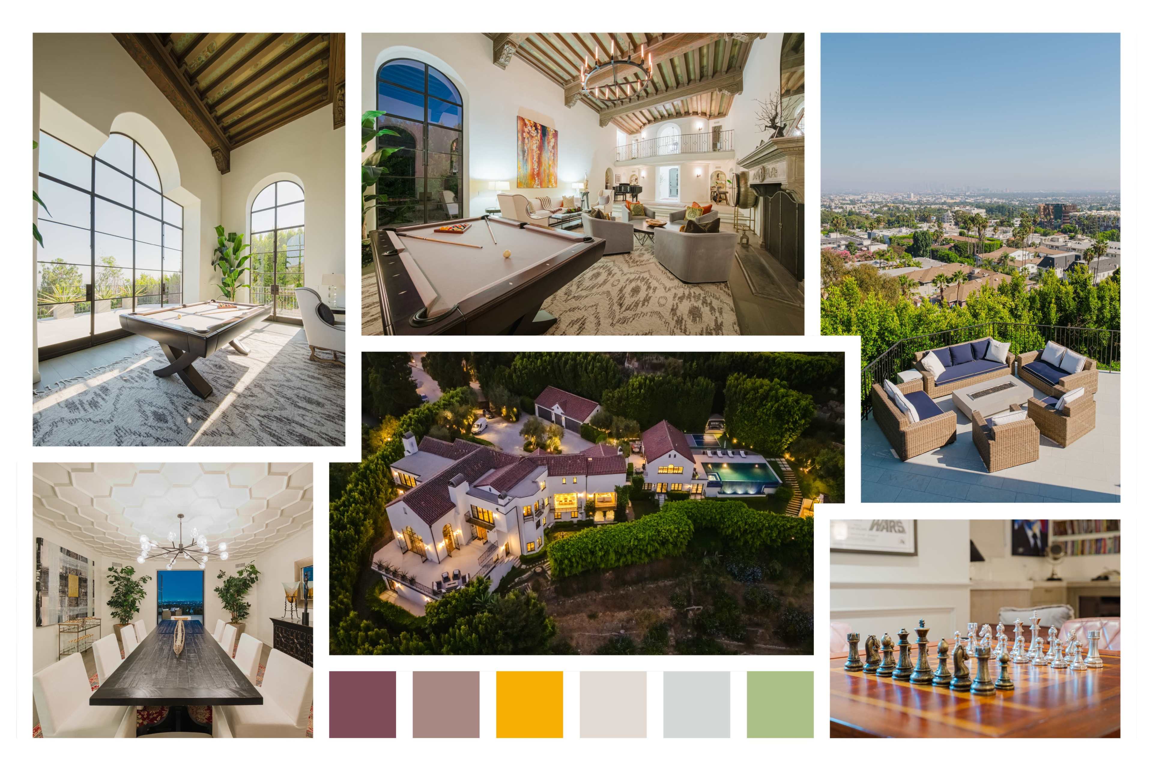 The image features a collage of luxurious home interiors and exteriors, including a game room, living space, dining area, outdoor seating, and an aerial view of a sprawling property.