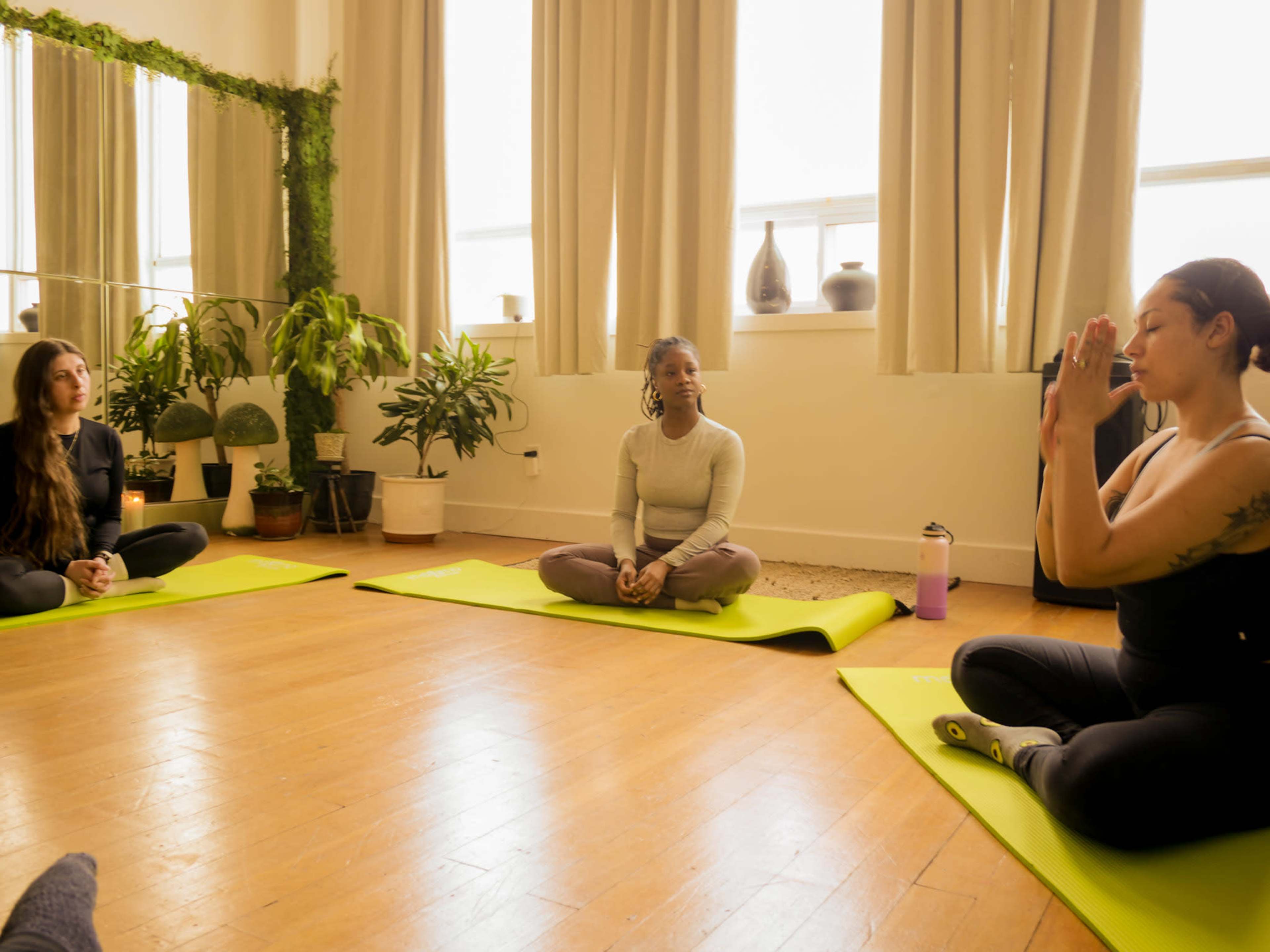 Four individuals practice yoga and meditation in a brightly lit room with plants and mats on the wooden floor.