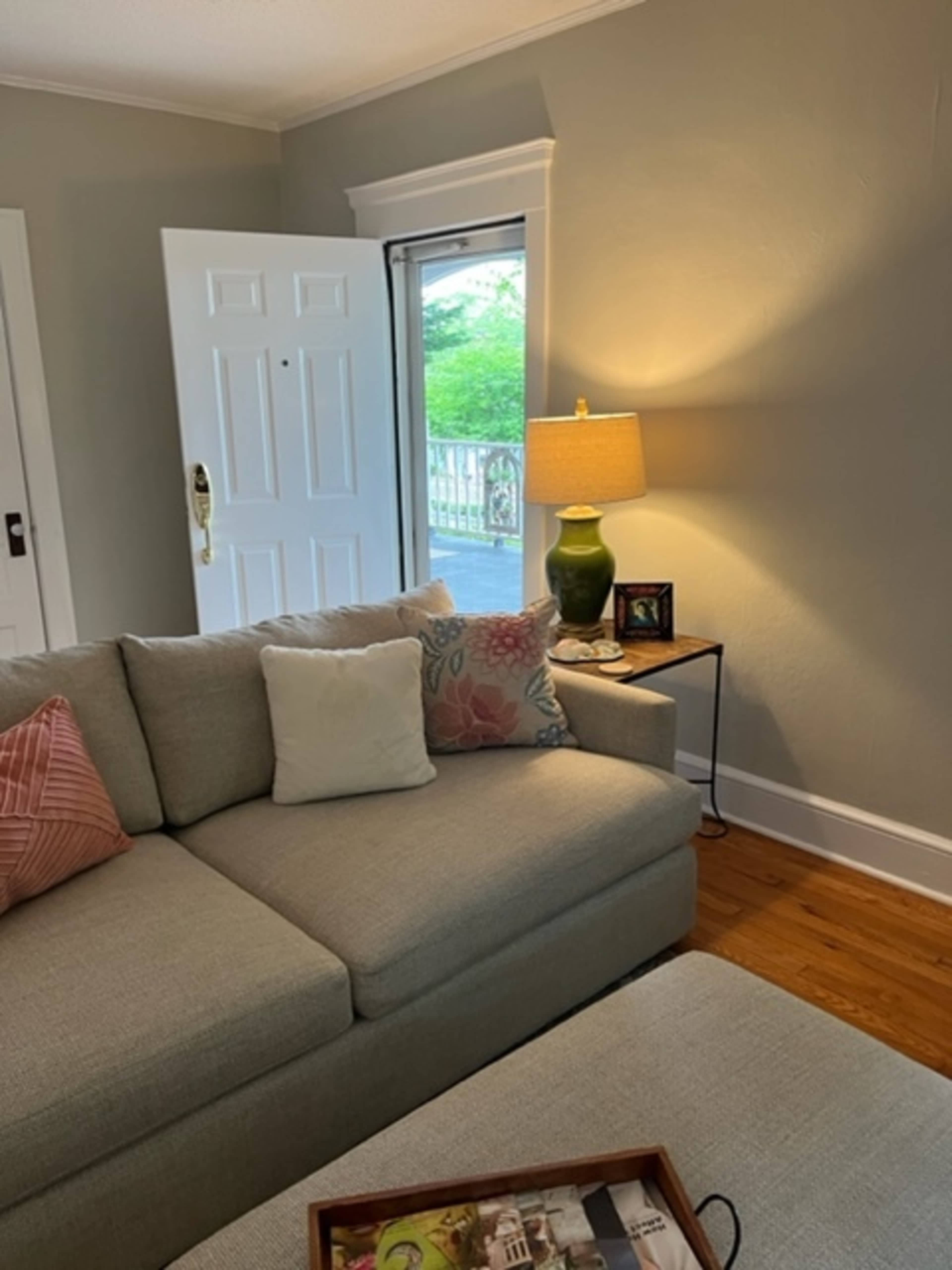 A living room with a light gray couch, a side table with a green lamp, and an open door leading to a deck.