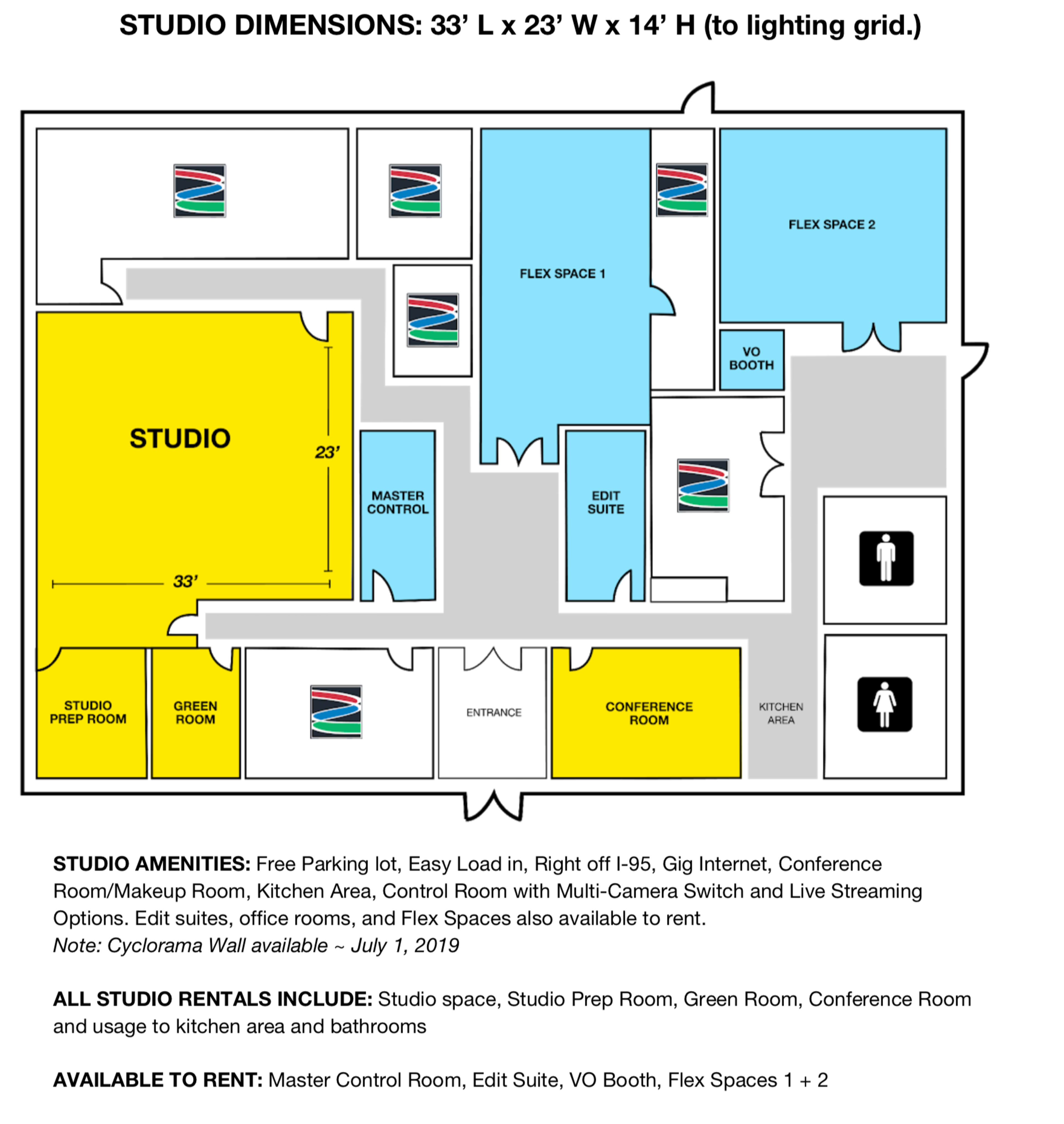 A floor plan of a studio layout, including labeled areas such as the studio, conference room, kitchen area, and various flex spaces.