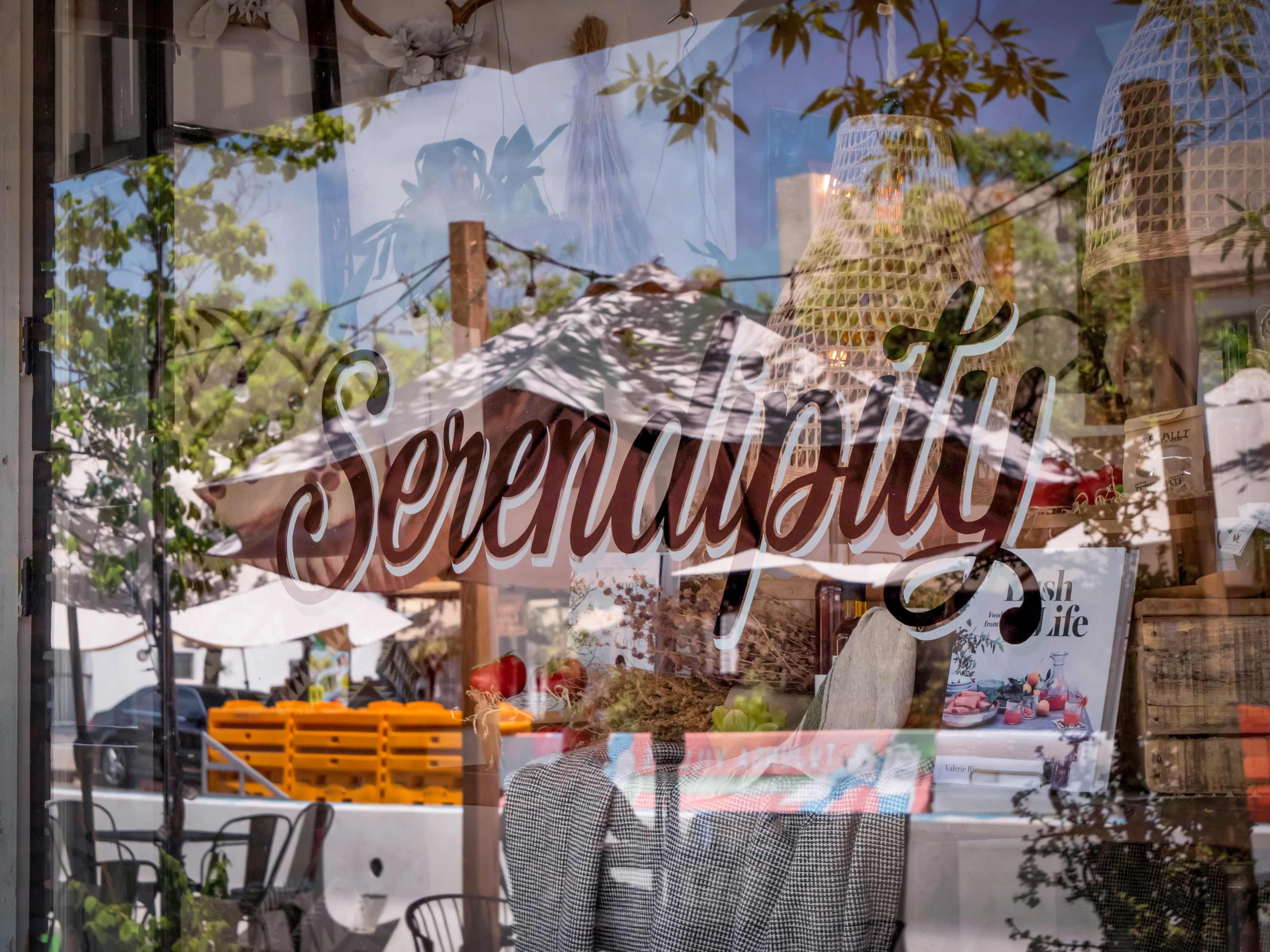 The storefront window displays the word "Serendipity" with reflections of trees and nearby structures.