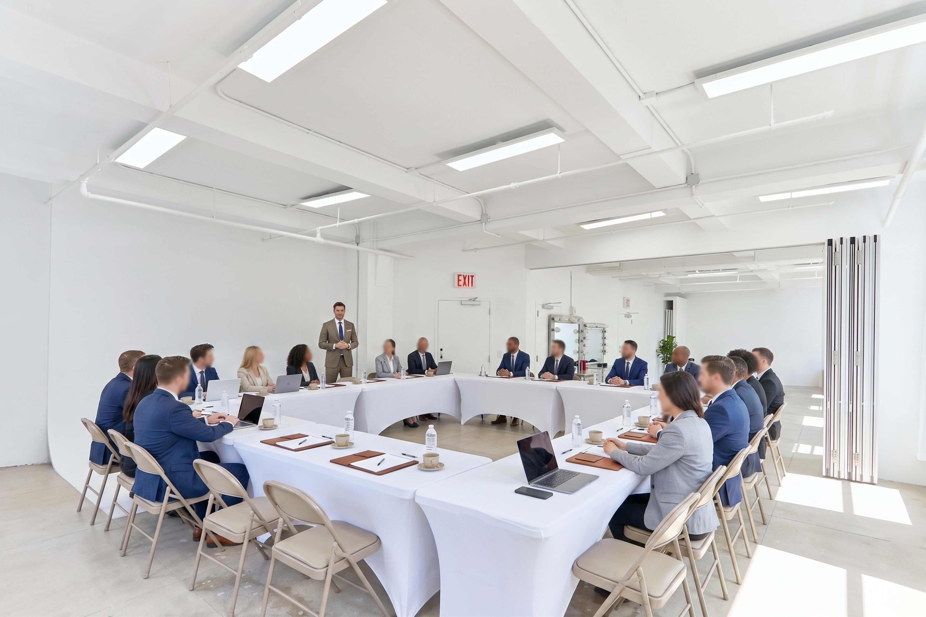 A group of professionals is seated around a long table in a well-lit conference room, with a speaker presenting at one end.