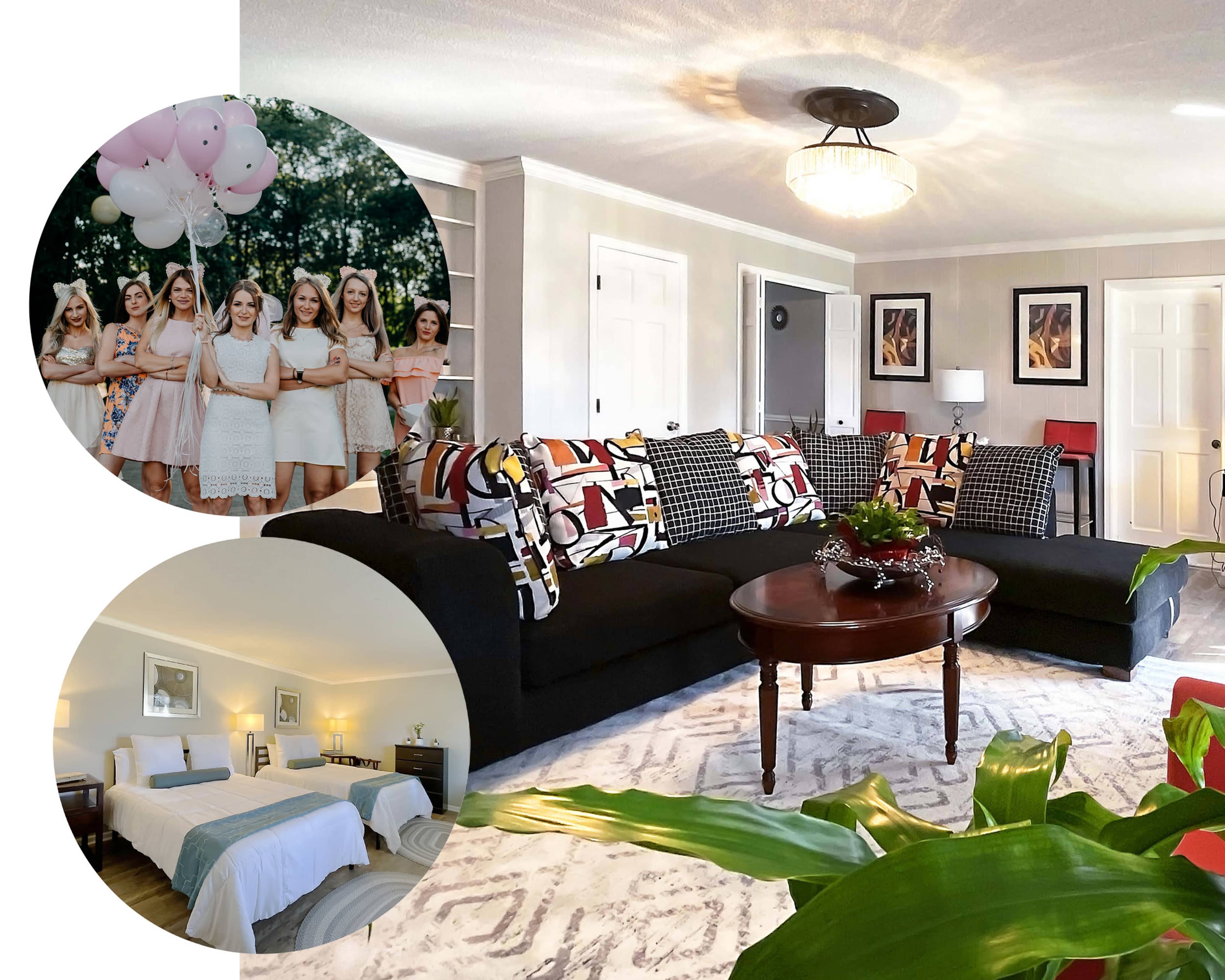 A living room with a black sofa, decorative pillows, a round coffee table, and a dining area in the background, along with circular insets showcasing a group of women standing together and a view of a bedroom with two beds.