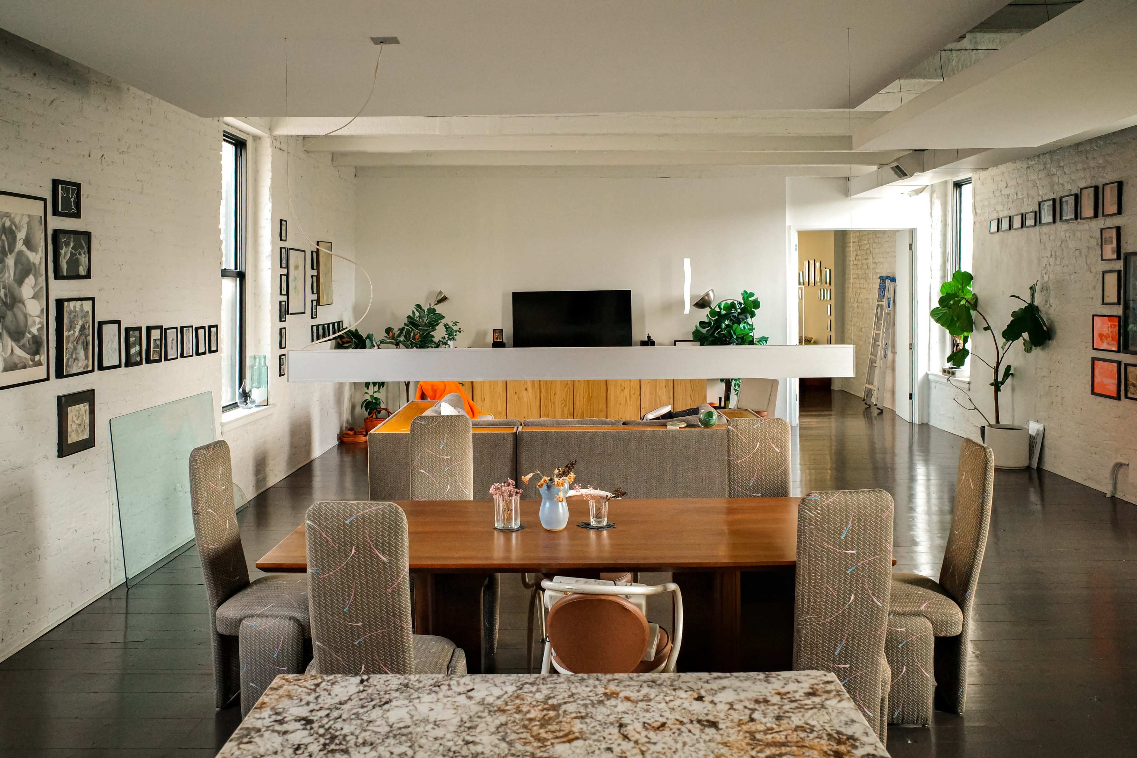 The image shows a modern, open-concept living space with a dining area featuring a rectangular table and chairs, a television mounted on a wall, and various plants and framed artwork throughout.