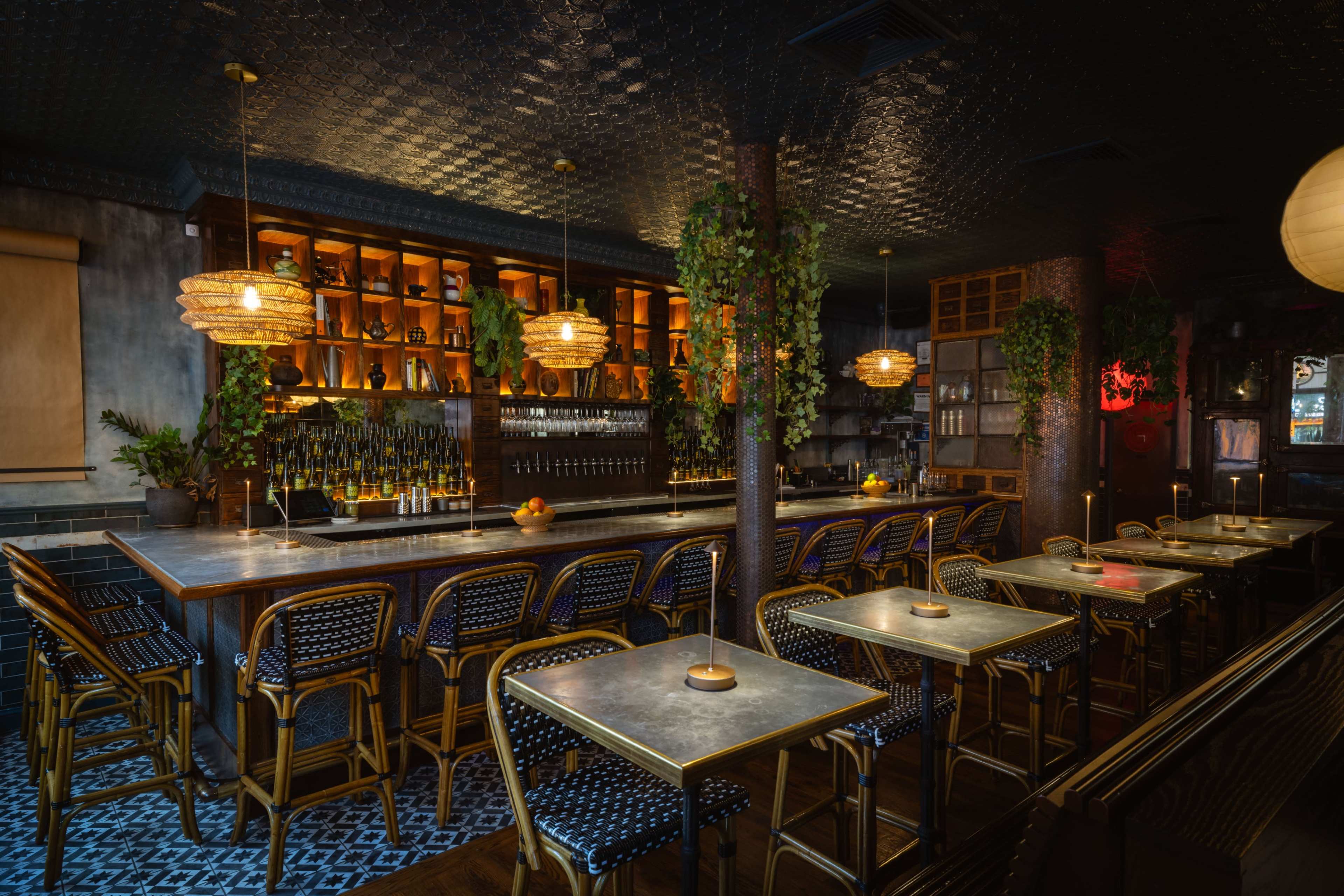 The image shows a dimly lit bar area with metal tables, wicker chairs, and a long counter lined with hanging plants and decorative lights.