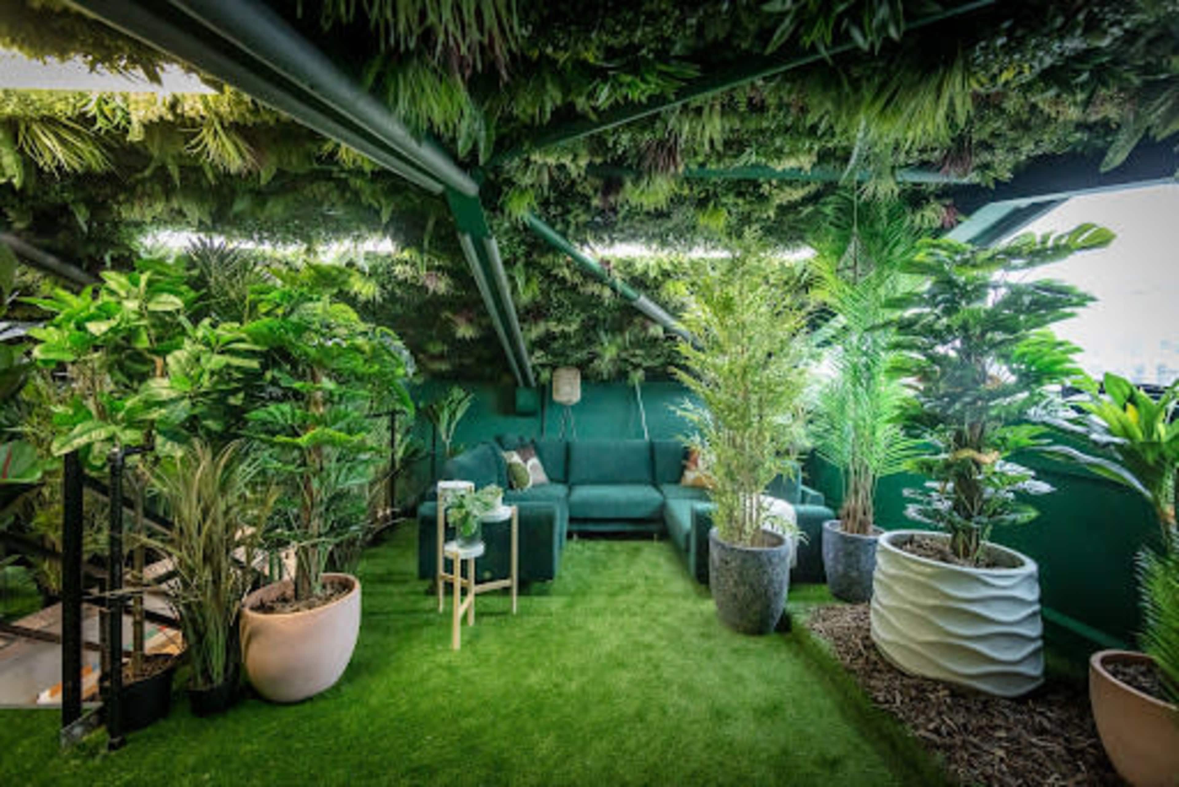 A cozy seating area is surrounded by lush greenery and potted plants under a green, leafy canopy.