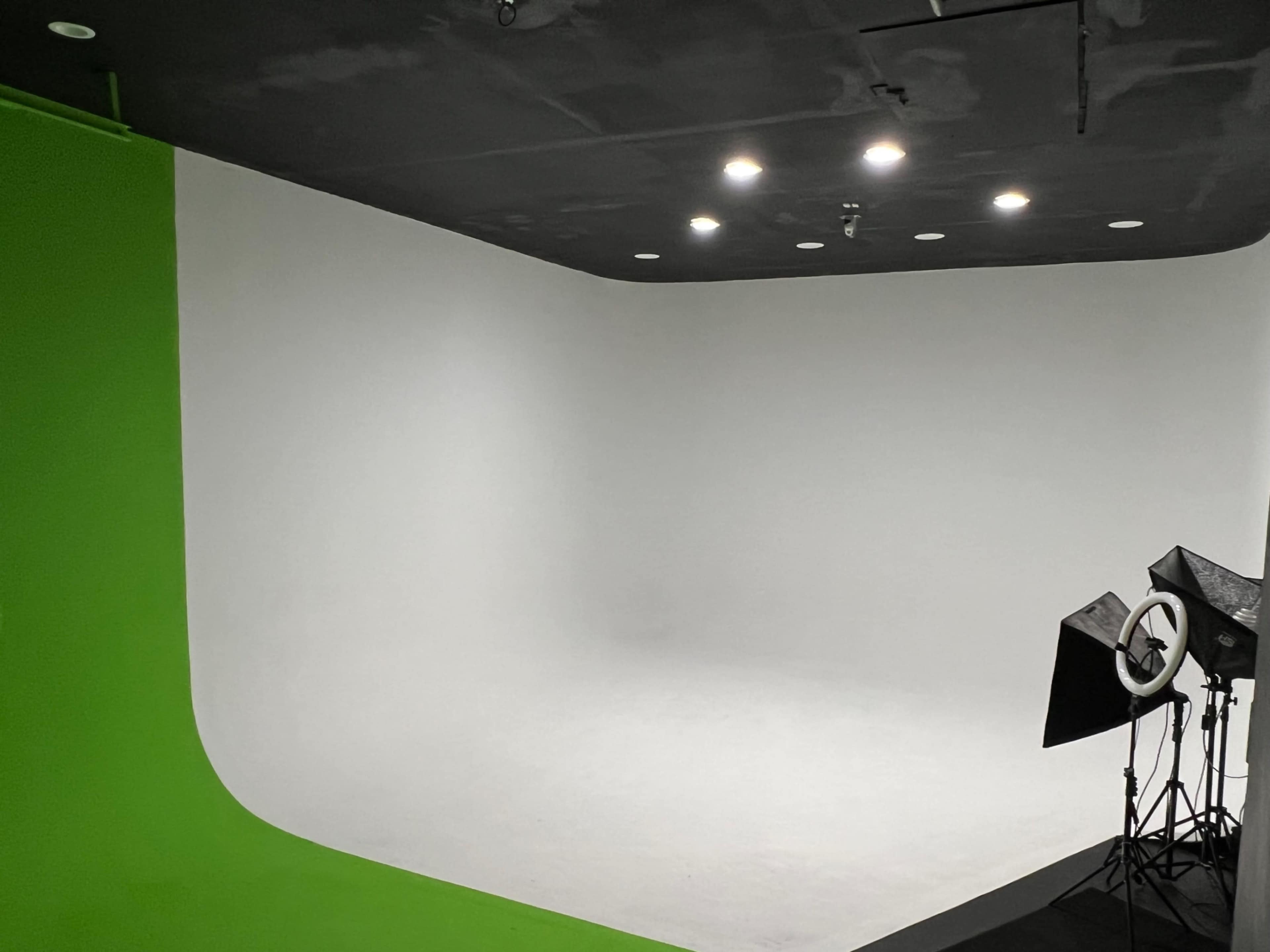 A photography studio with a white curved backdrop, green wall, and two light sources positioned on the side.