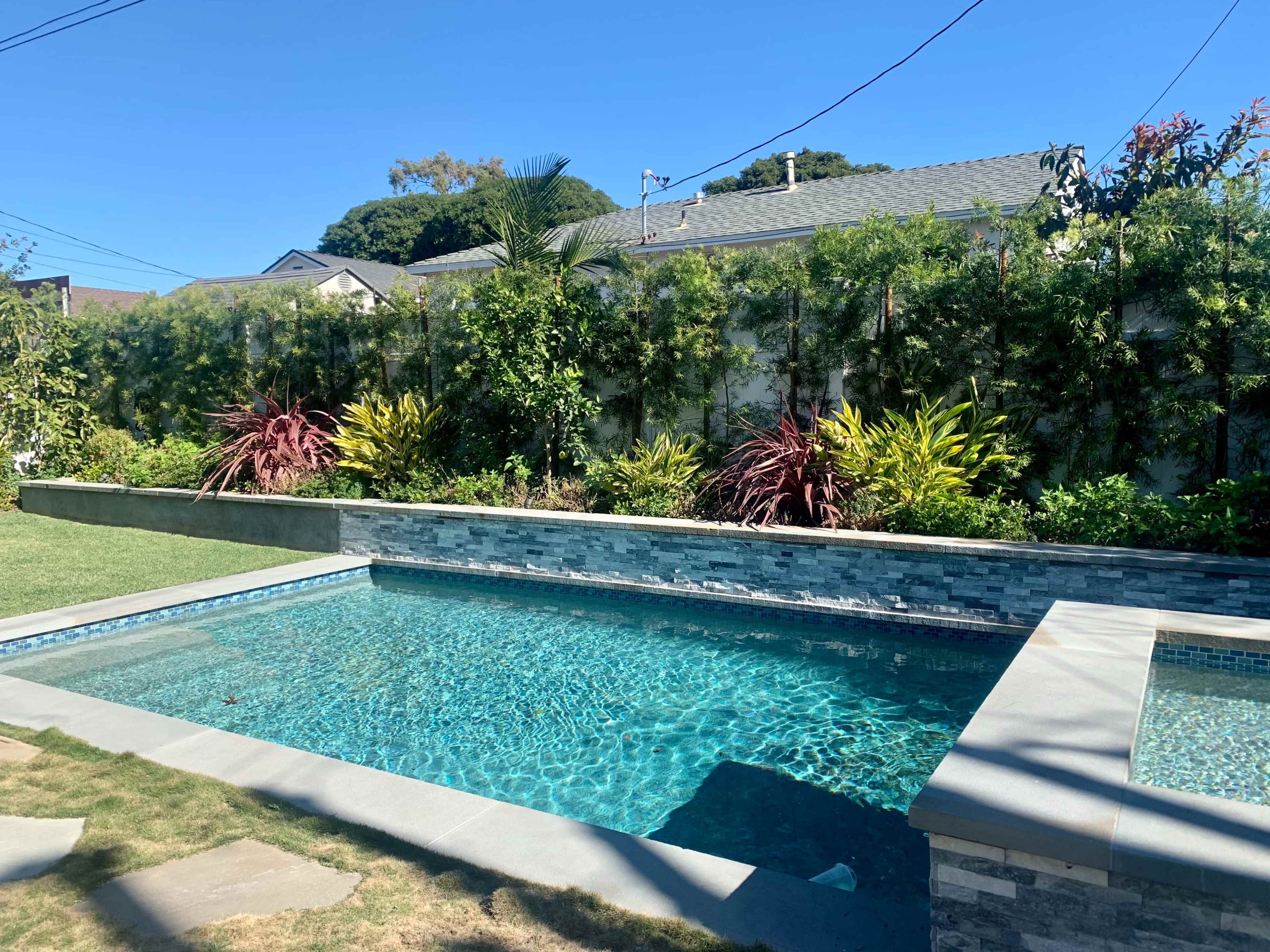 A swimming pool surrounded by landscaped greenery and a stone border on a sunny day.