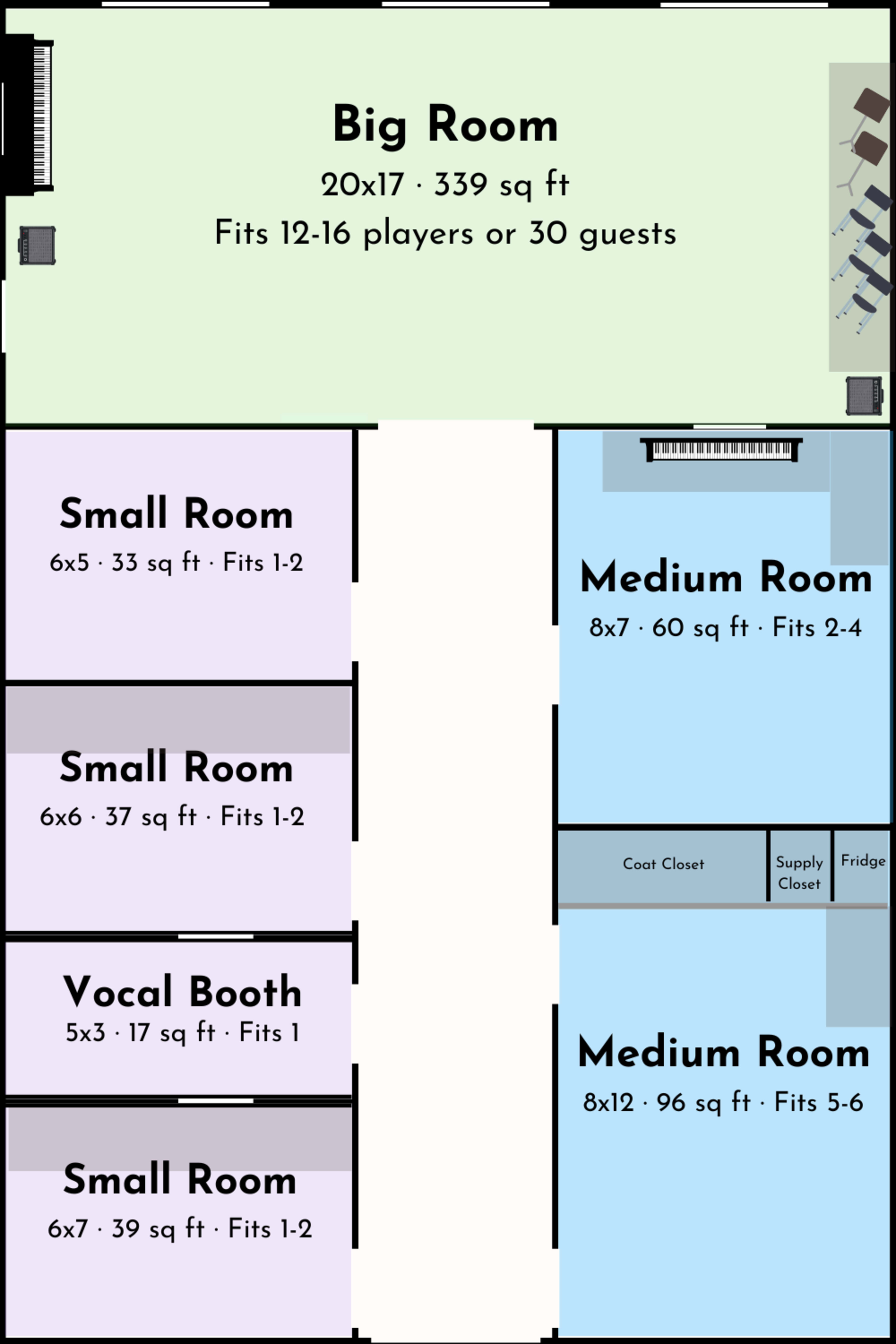 The image depicts a floor plan layout of a space featuring a large room labeled "Big Room," along with several smaller rooms, including two medium rooms, a vocal booth, and three small rooms, each indicating their dimensions and capacity for players or guests.