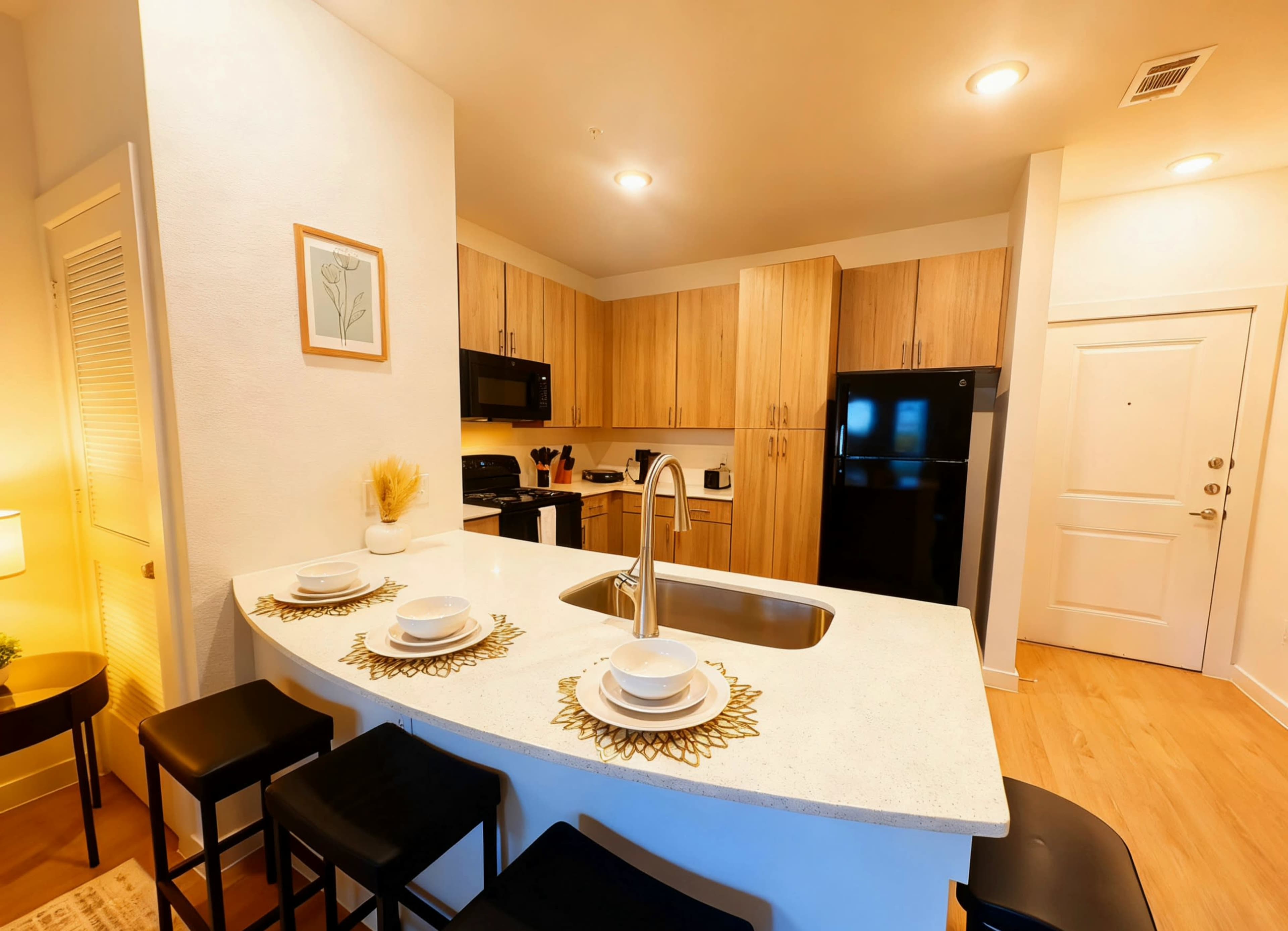 The image shows a modern kitchen with a central island, equipped with a sink, four place settings, and light wooden cabinets.