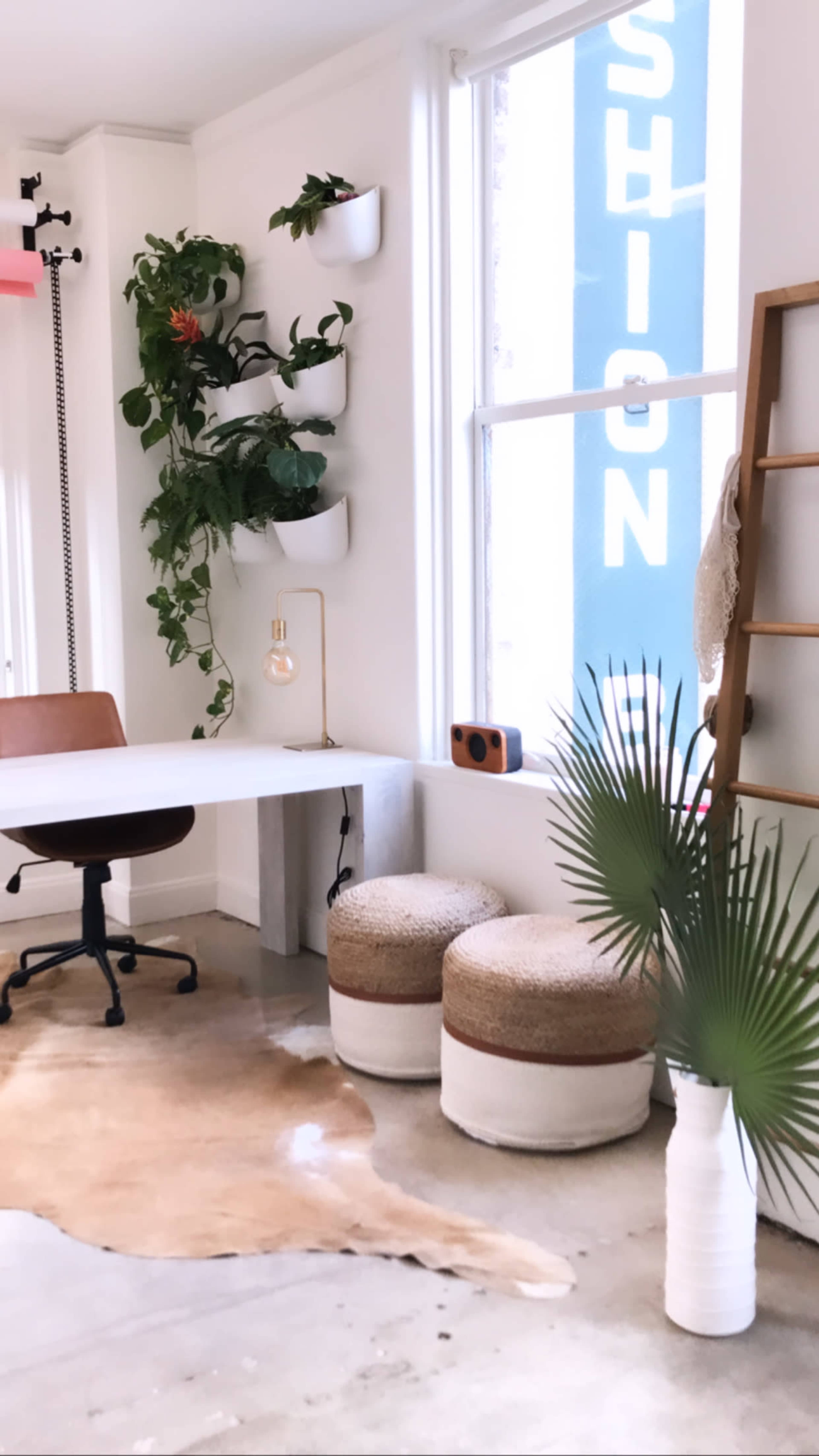 A well-lit modern workspace features a desk under a window, surrounded by potted plants and decorative elements like a radio and a rug.