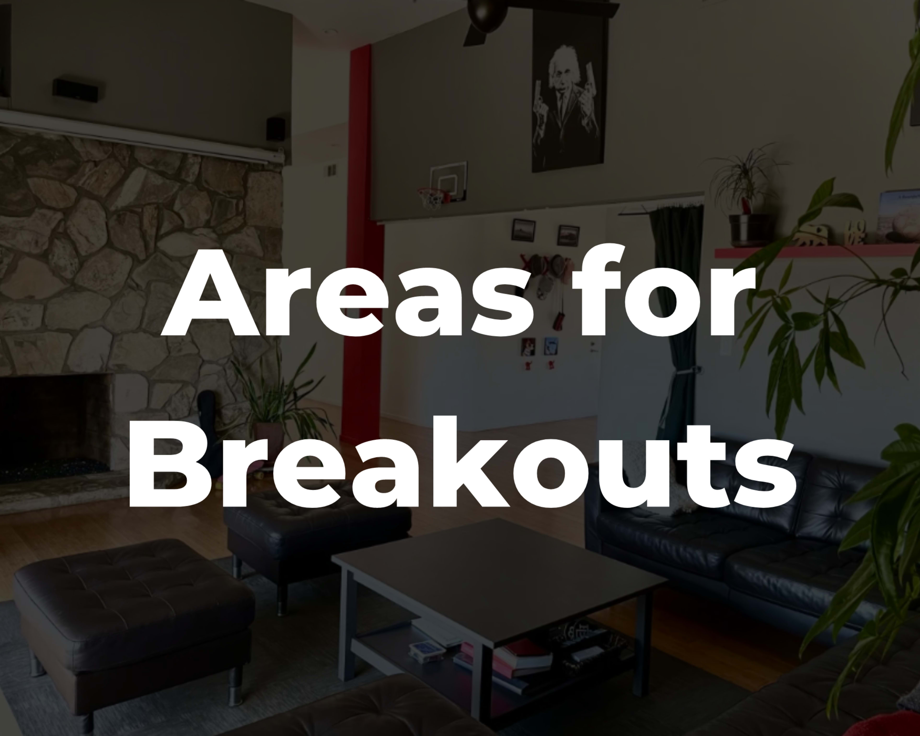 A spacious room features a stone fireplace, black leather couches, and plants, with a basketball hoop and a large mural on the wall.