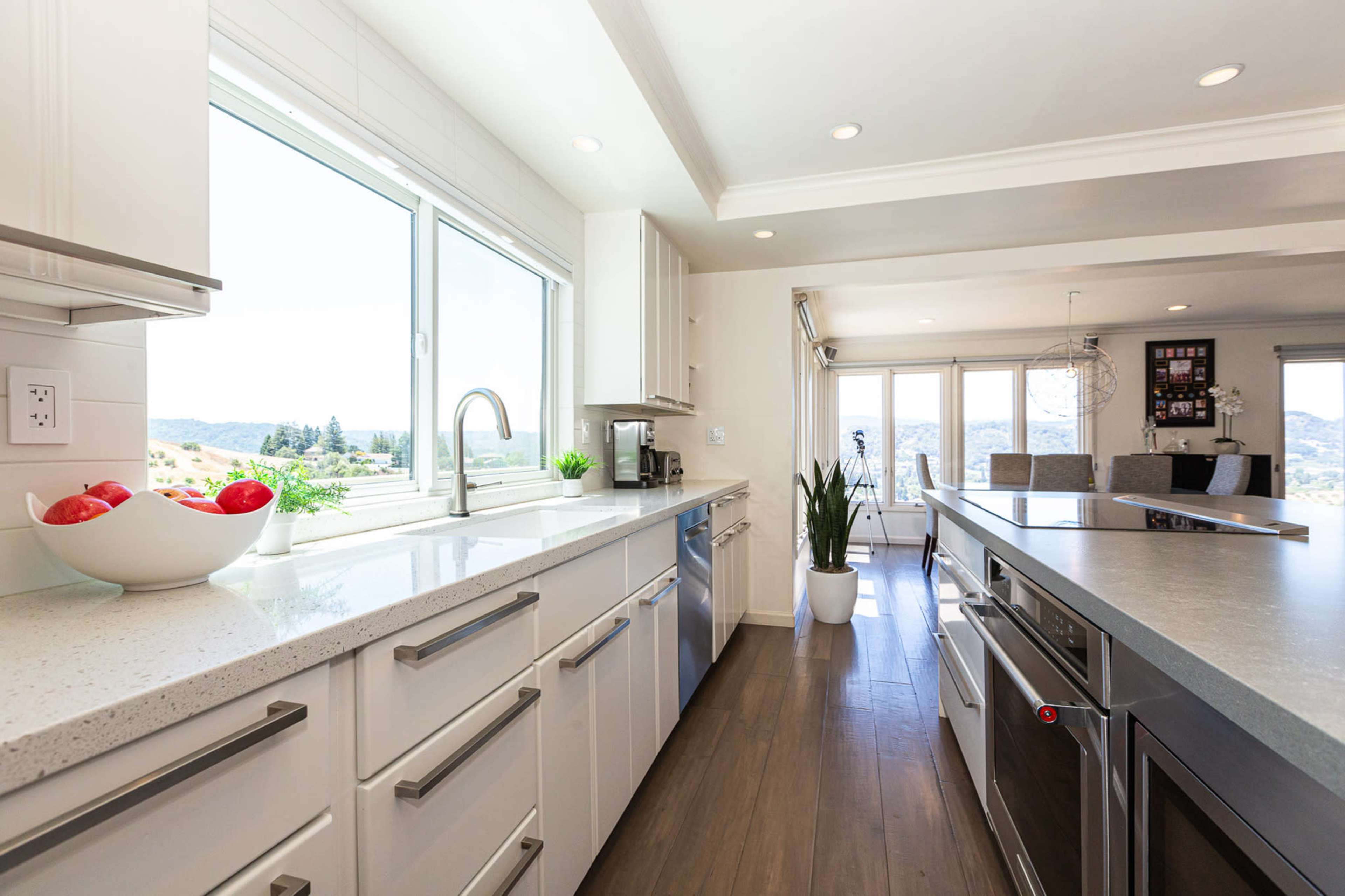 A modern kitchen features white cabinetry, a countertop with a bowl of red apples, large windows overlooking a green landscape, and stainless steel appliances.