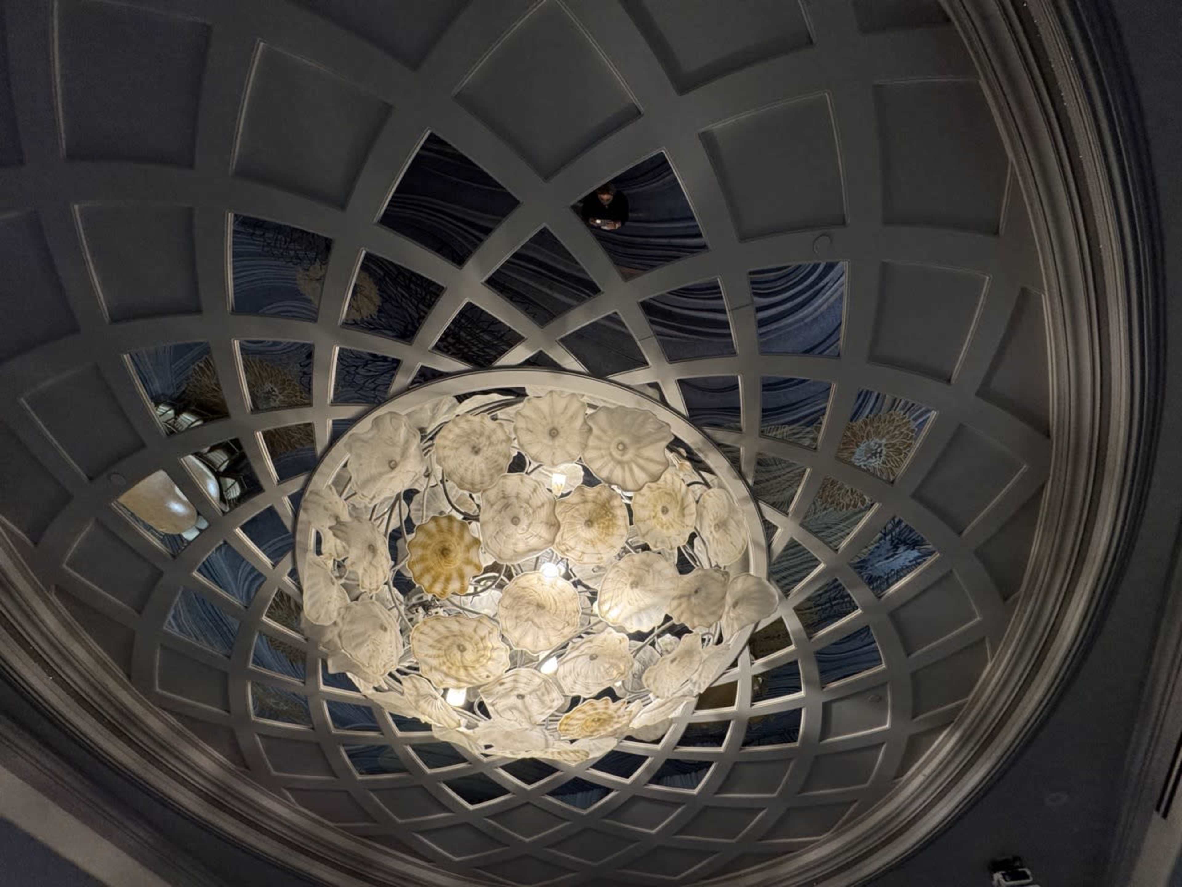 The image shows a decorative ceiling with a geometric grid pattern and a circular light fixture made of floral designs.