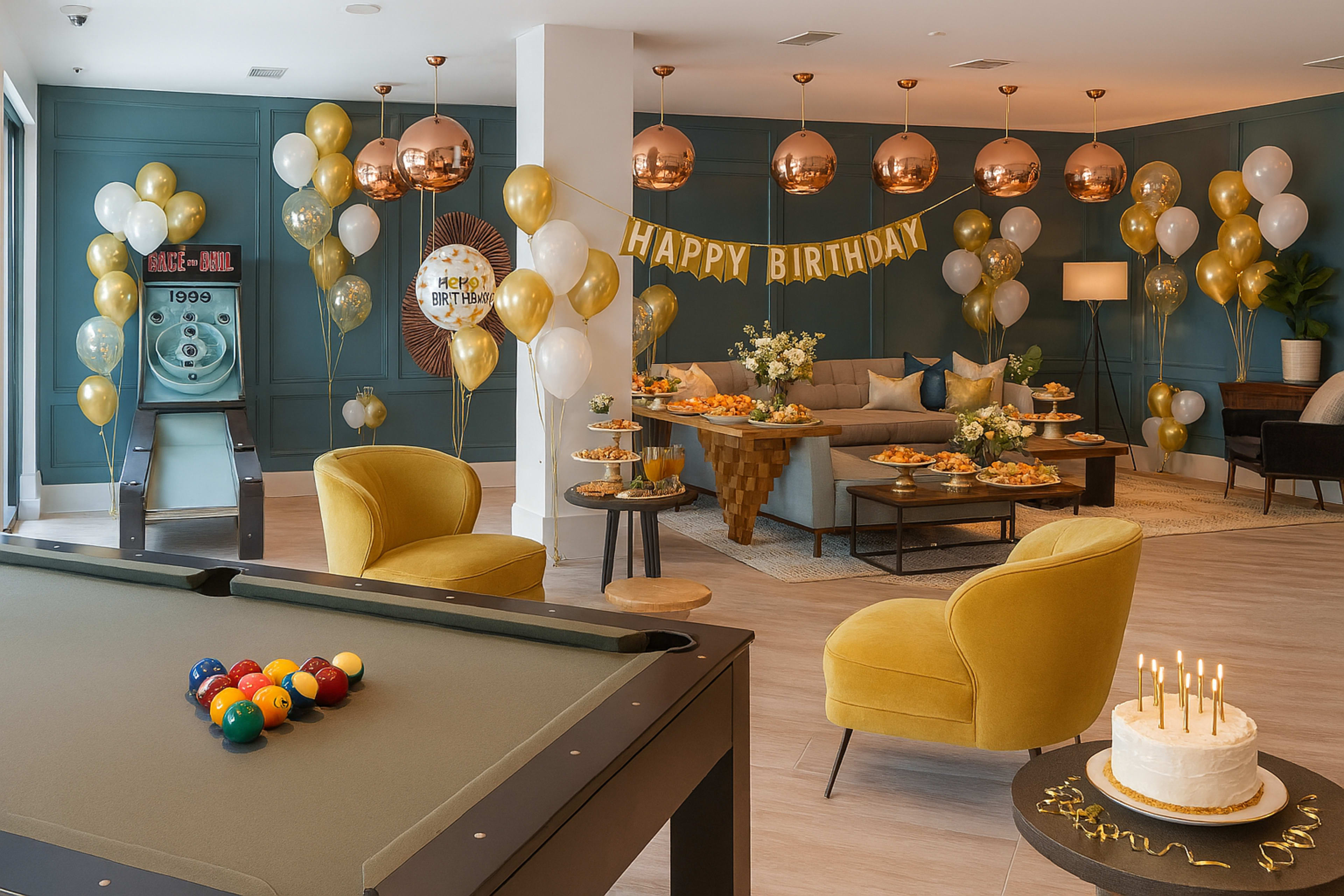 The image shows a decorated indoor space for a birthday celebration, featuring a pool table, seating area, and tables with an assortment of food, along with balloons and a birthday banner.