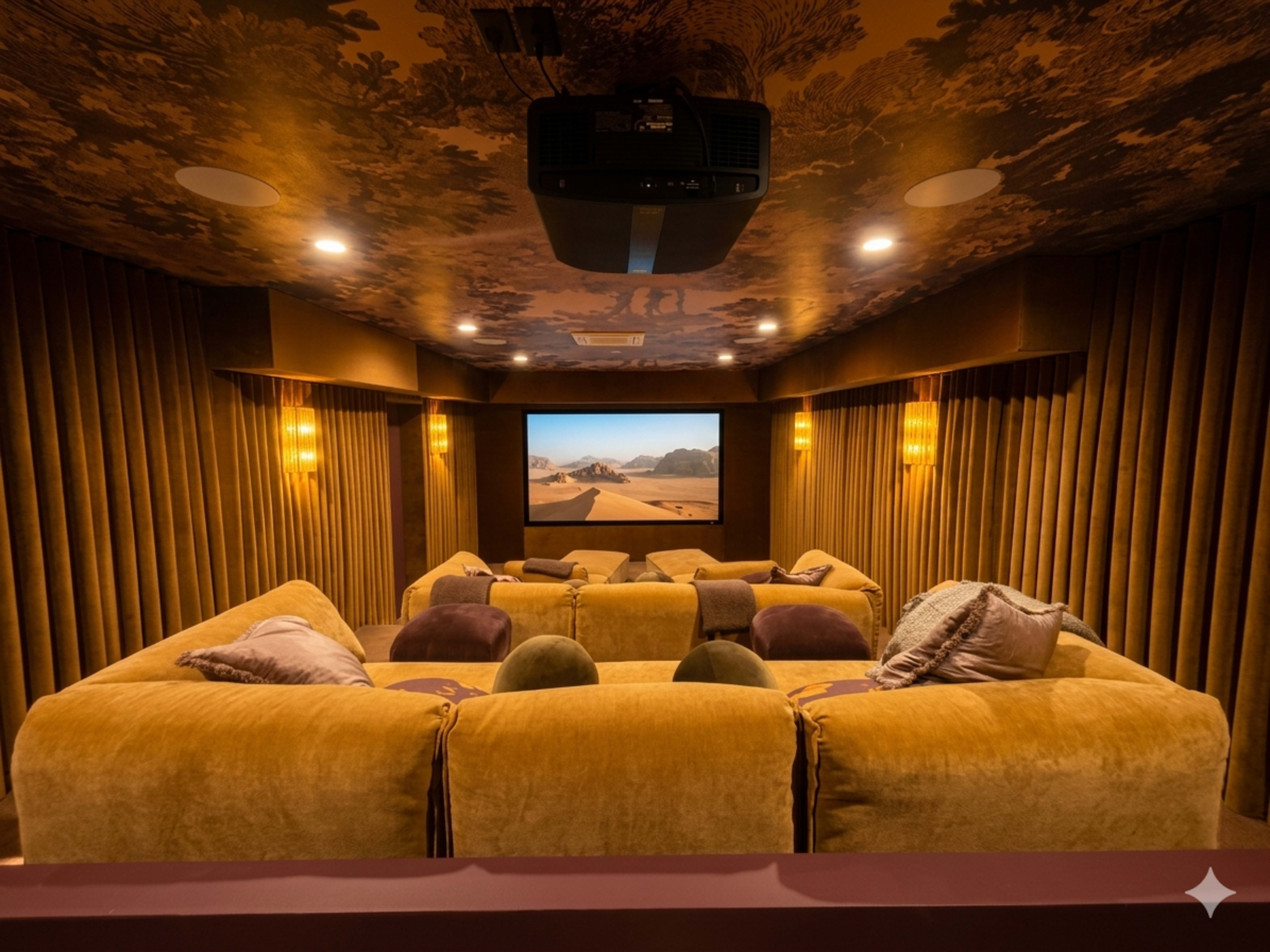 A cozy home theater features a large screen at the front, with plush seating arranged in a semicircle and softly lit wall sconces.