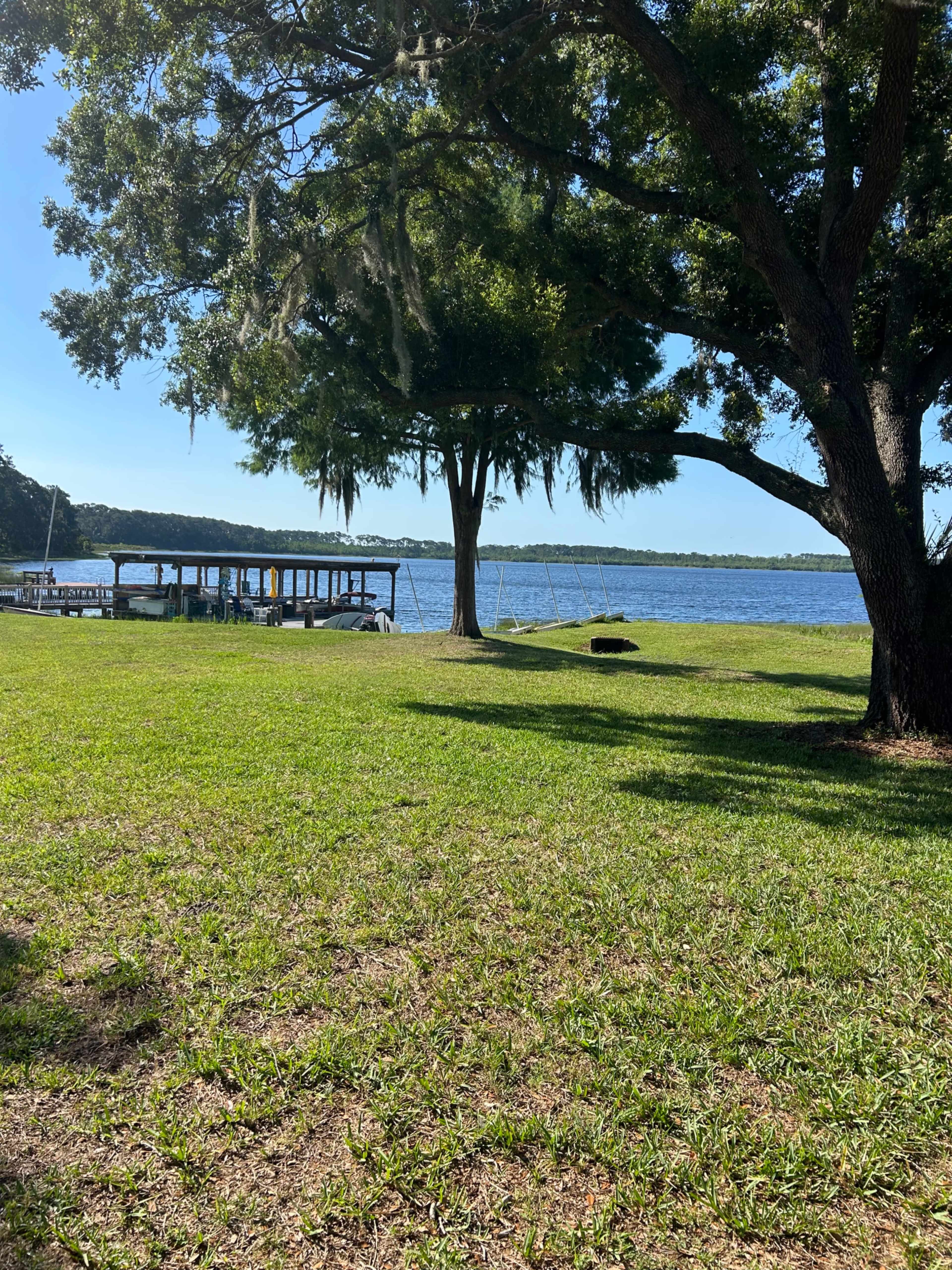 The image shows a grassy area beside a lake, with a dock and a few boats visible in the water under a clear blue sky.
