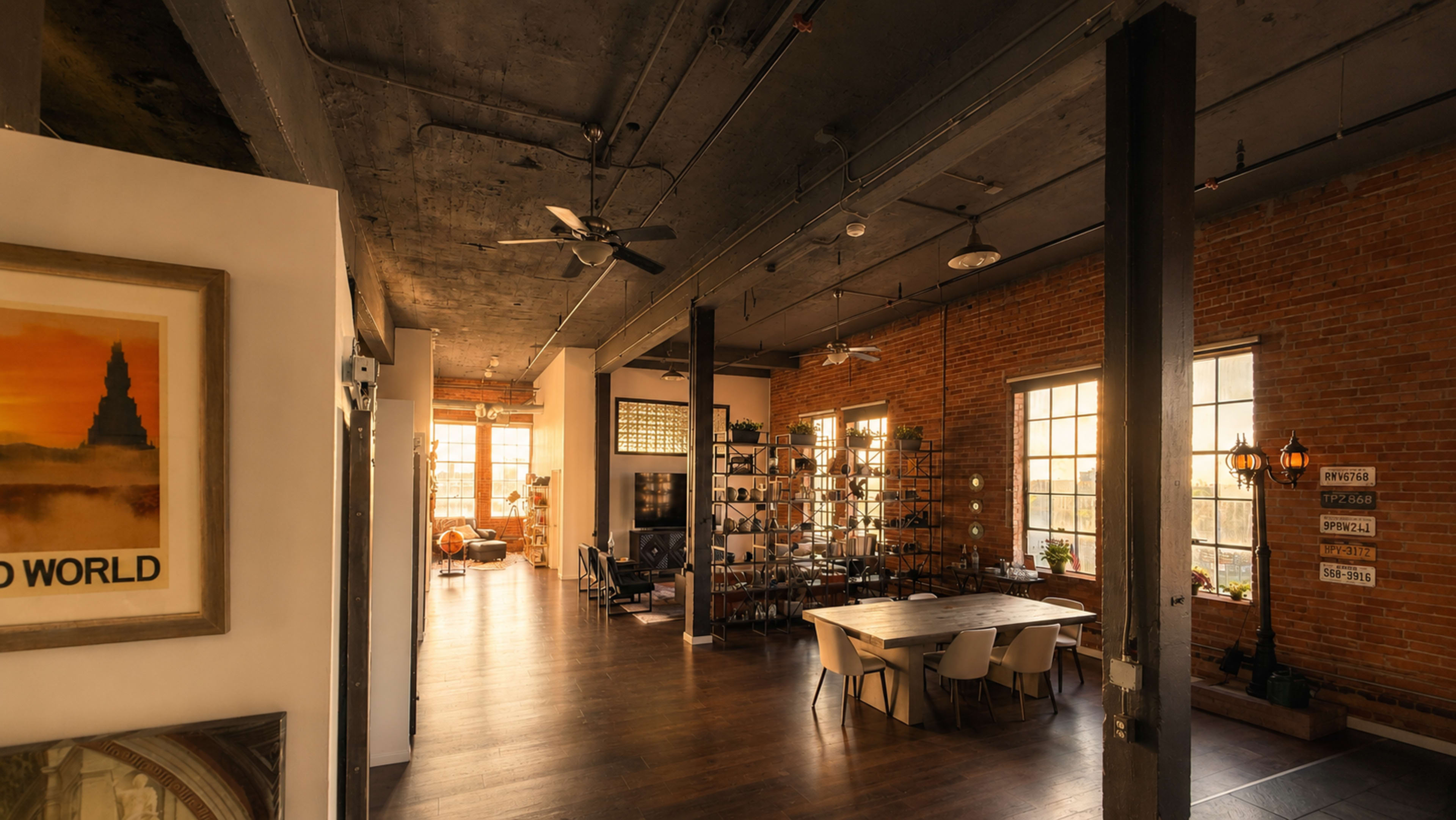 The image depicts a spacious, industrial-style loft with exposed brick walls, large windows, and a dining area featuring a long table surrounded by chairs.