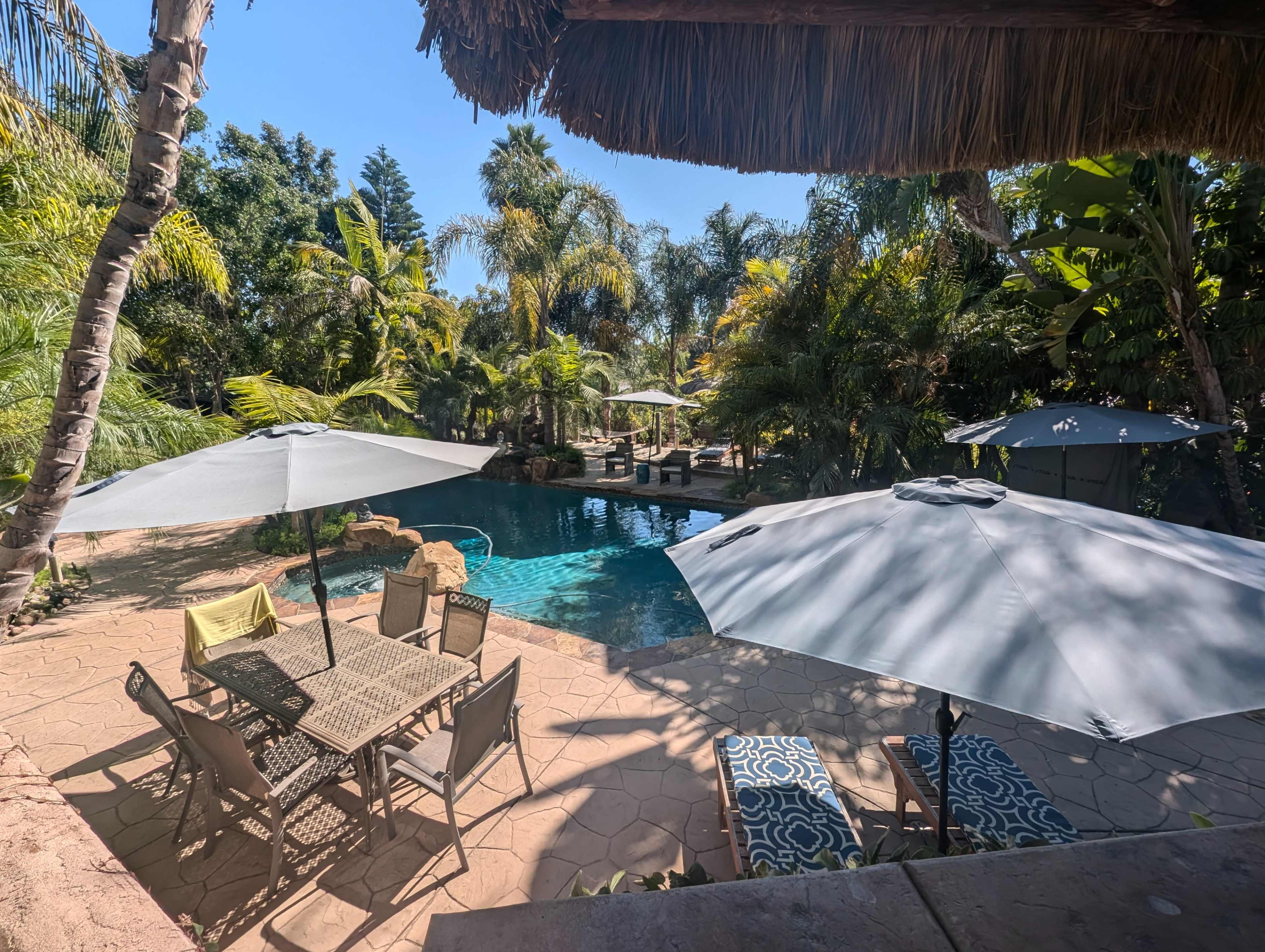 A backyard pool area features a stone pool surrounded by lush greenery, shaded by umbrellas, with a dining set and lounge chairs nearby.