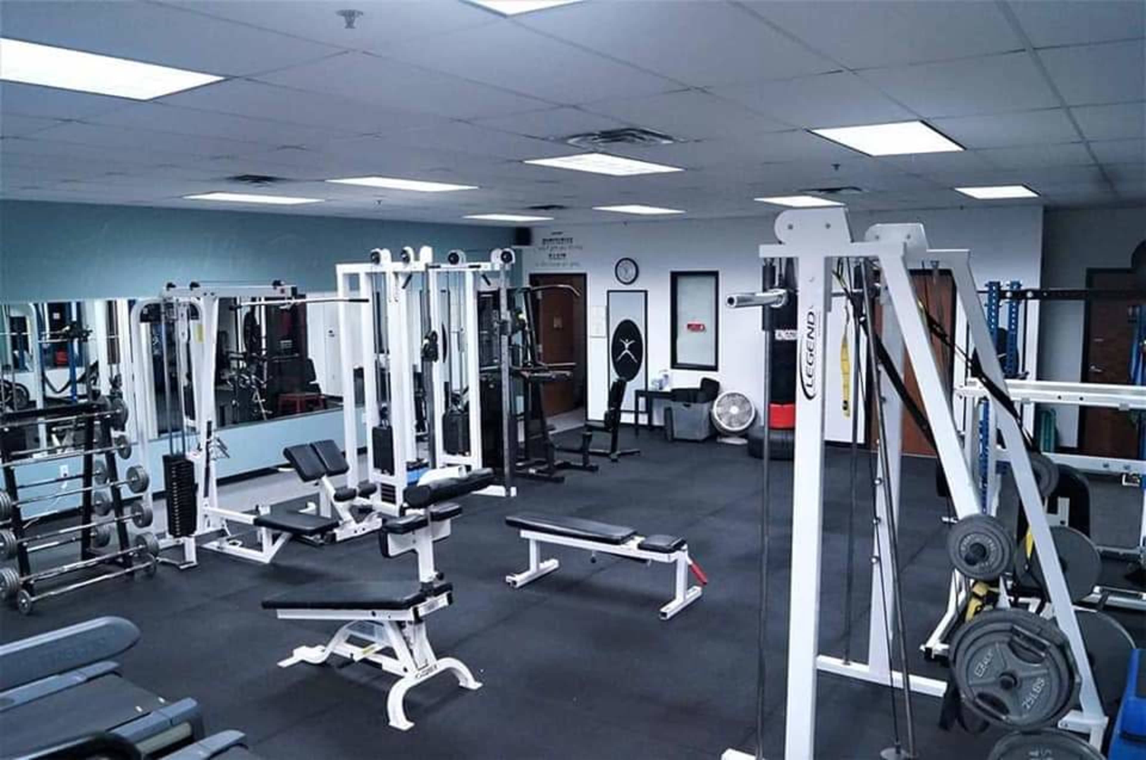 A gym interior with various workout machines, benches, and mirrors arranged in a spacious layout.