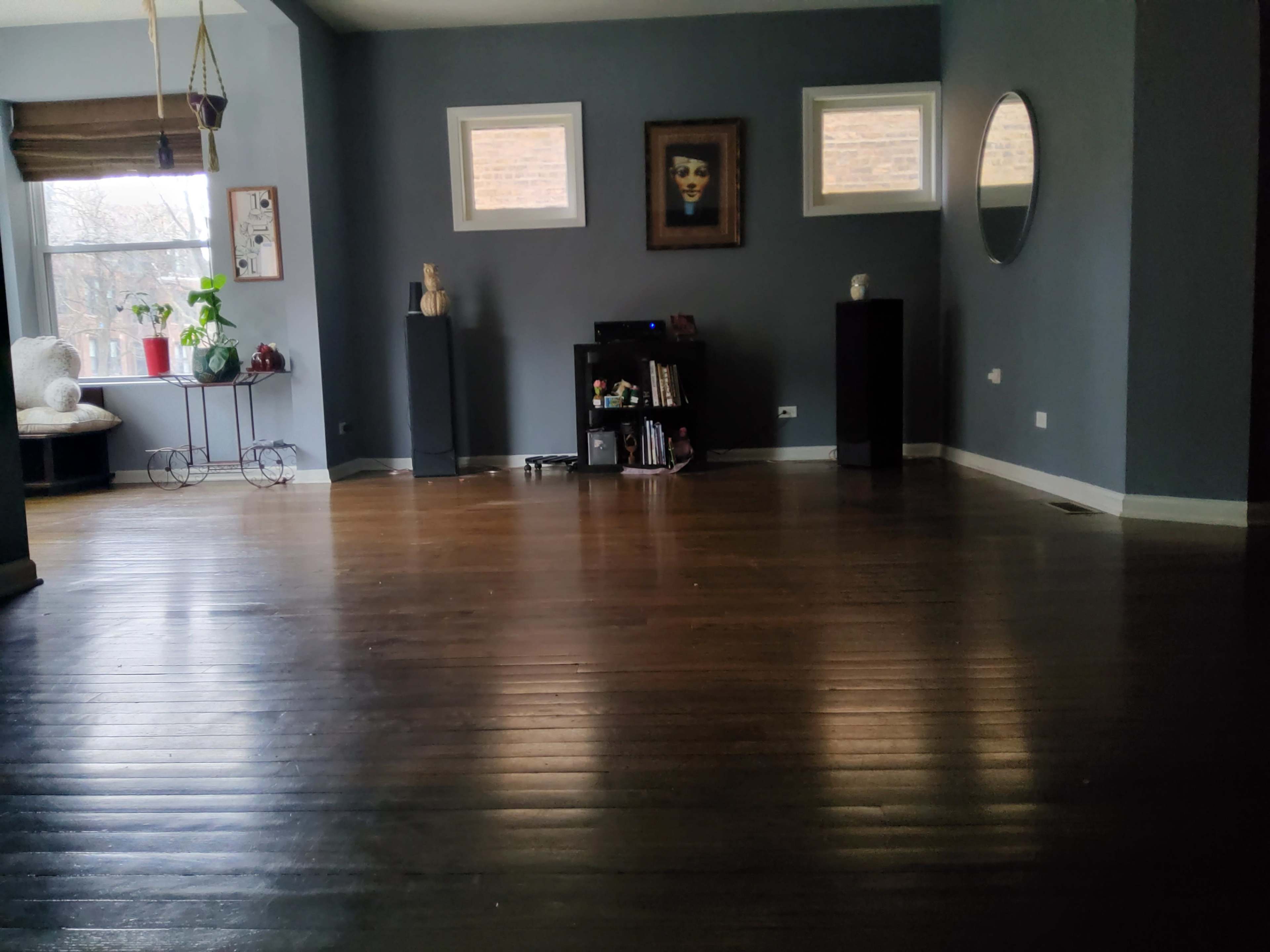 The room features dark hardwood flooring, light gray walls, and has a bookshelf, a plant, and decorative elements along with two windows and a round mirror.